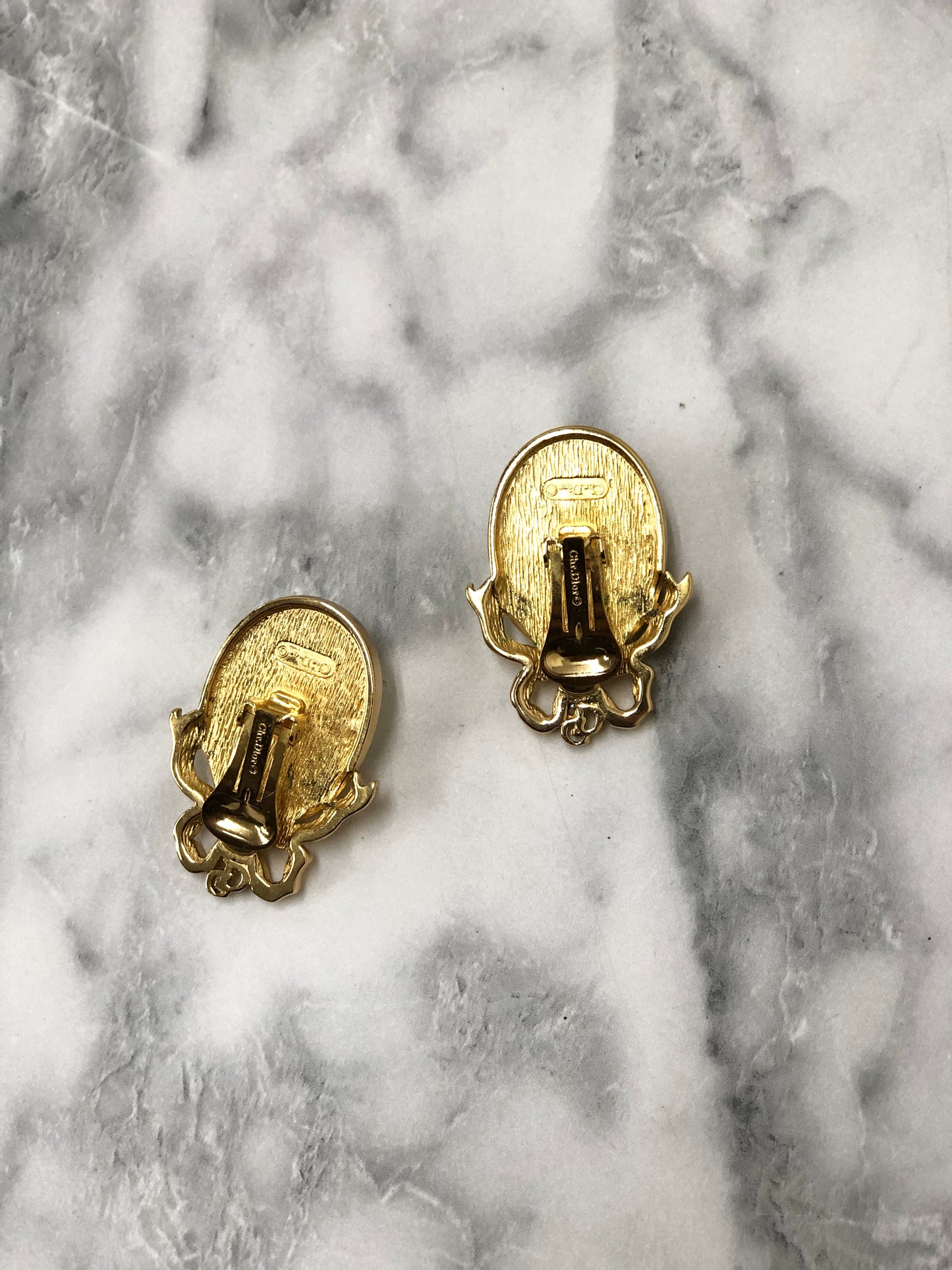 Christian Dior Ribon Motif Stone Earrings Gold Vintage tktttb