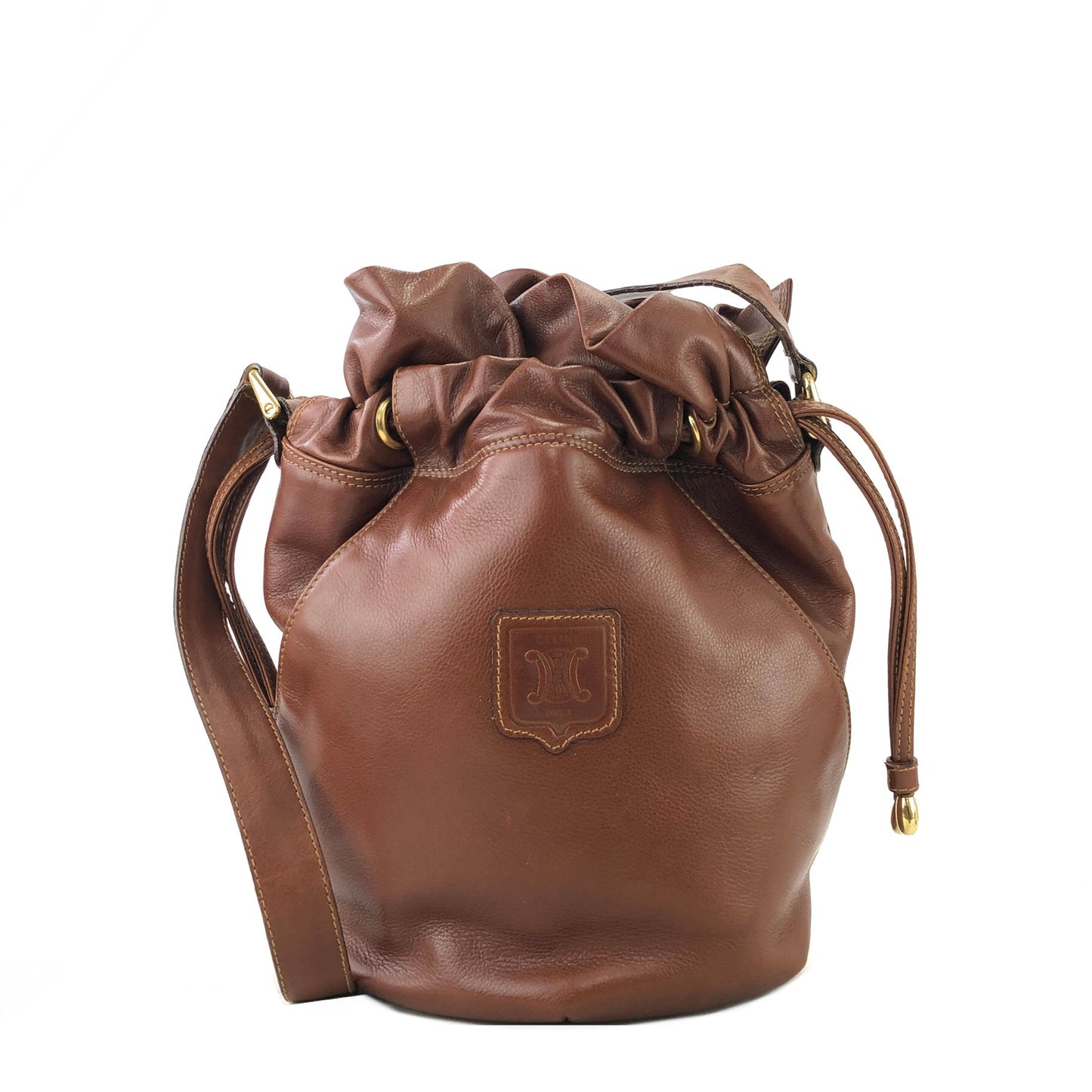 CELINE Blason Leather Drawstring Shoulder bag Brown Vintage 2hgzv7