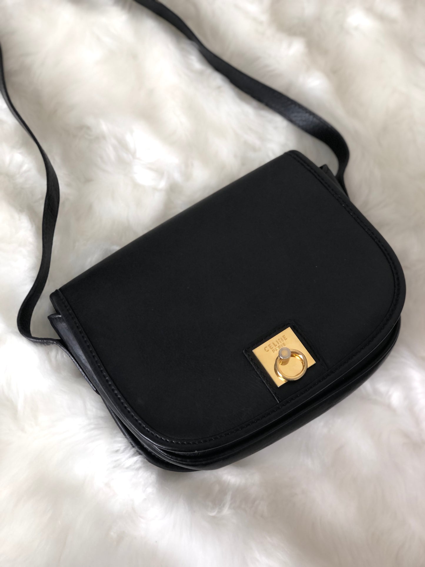 CELINE Gancini Flap Leather Shoulder bag Black Vintage 8na8ex