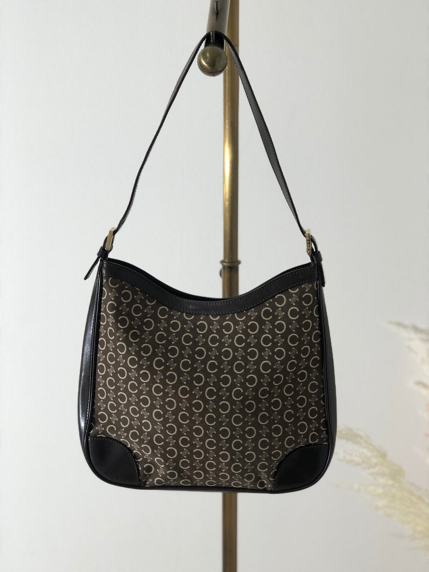 CELINE Macadam Jacquard Leather Shoulder bag Hobobag Brown Vintage afg23s
