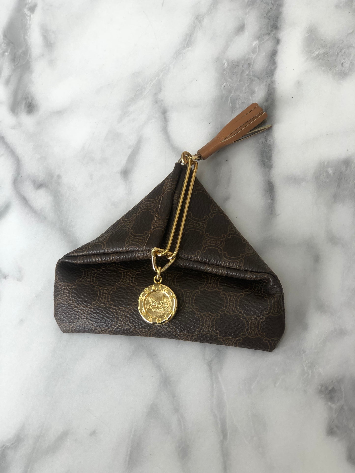 CELINE Macadam Horse Carriage Tassel Triangle Coin Purse Brown Vintage 5bxb5w