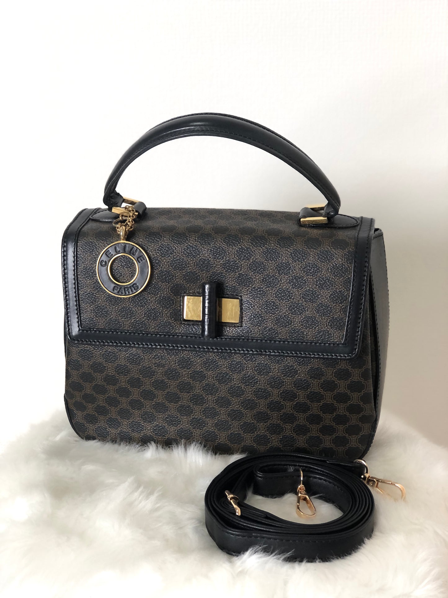 CELINE Macadam Logo Motif Charm Turn Lock Leather Two-way Handbag Shoulder bag Black Vintage cptypf