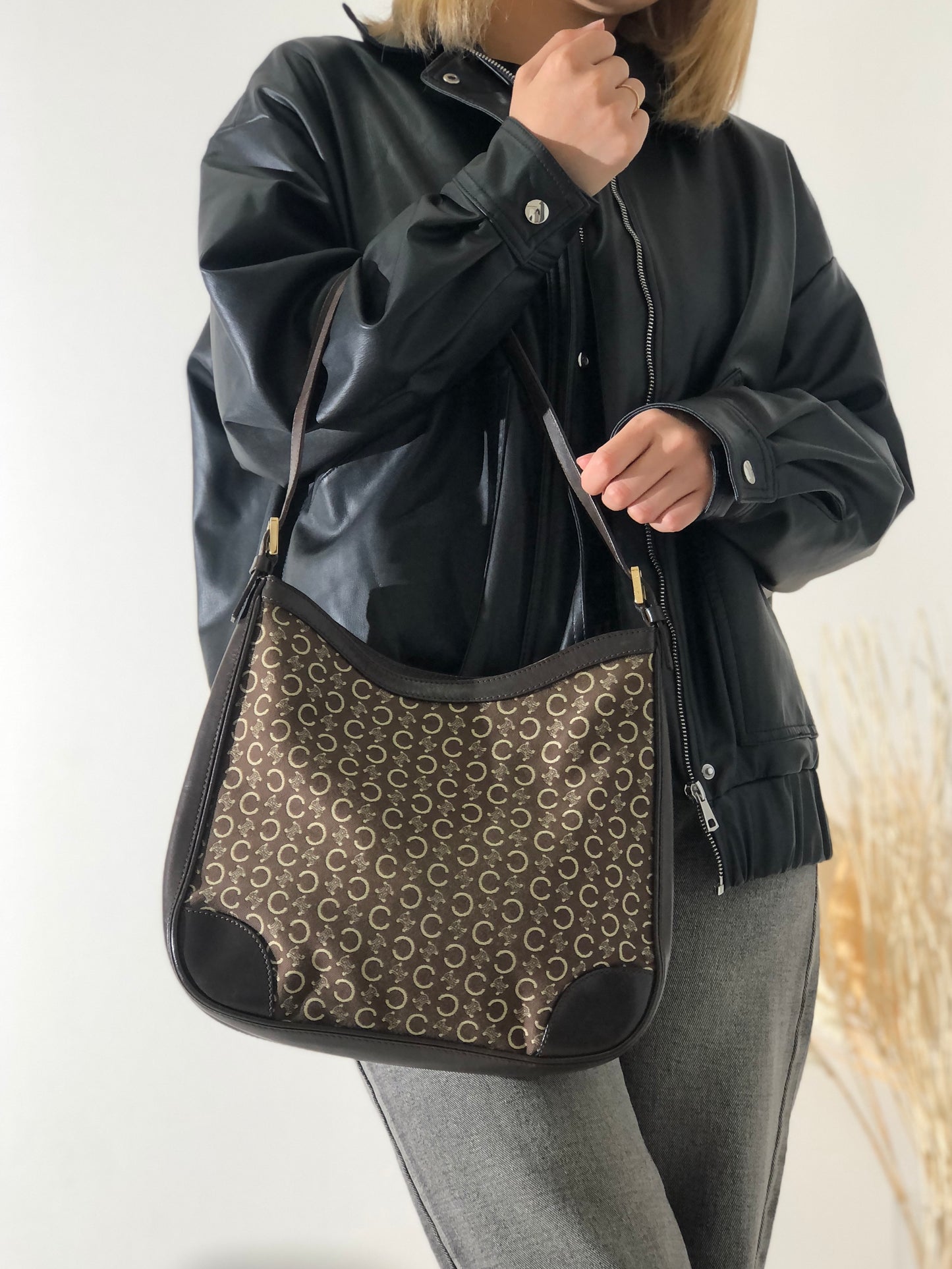 CELINE Macadam Jacquard Leather Shoulder bag Hobobag Brown Vintage afg23s