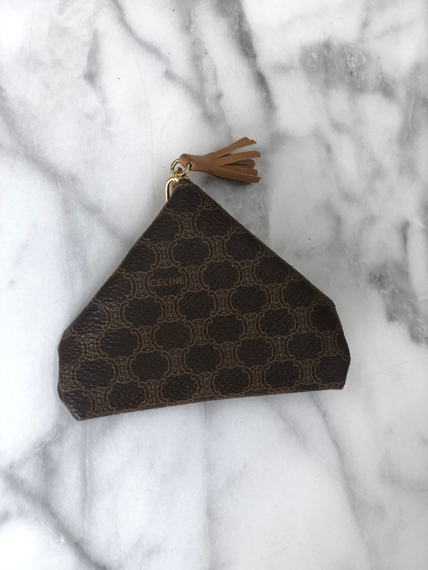CELINE Macadam Horse Carriage Tassel Triangle Coin Purse Brown Vintage 5bxb5w