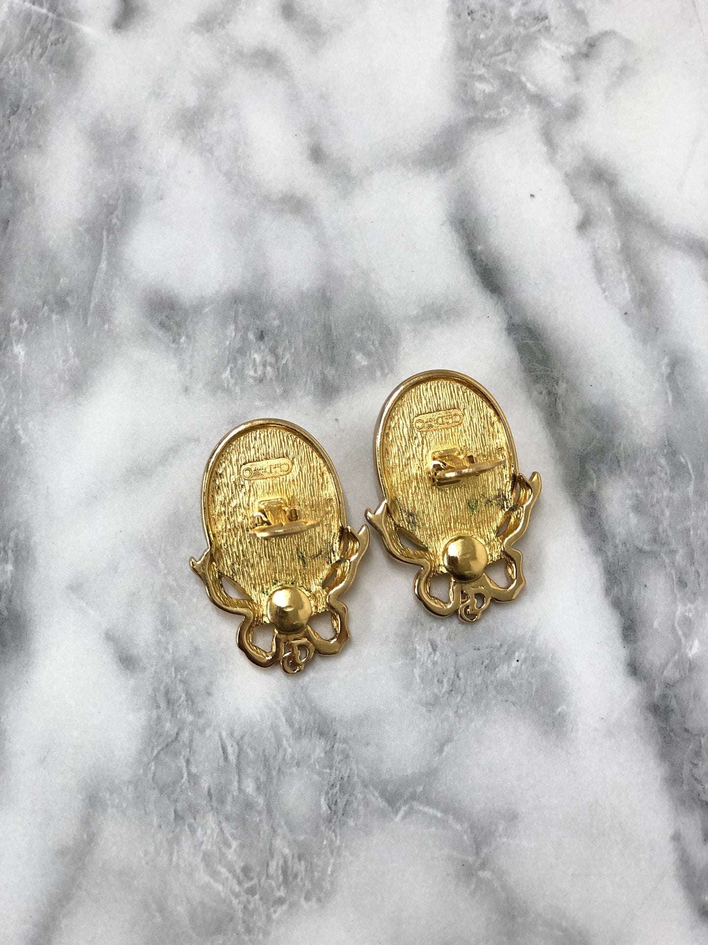 Christian Dior Ribon Motif Stone Earrings Gold Vintage tktttb