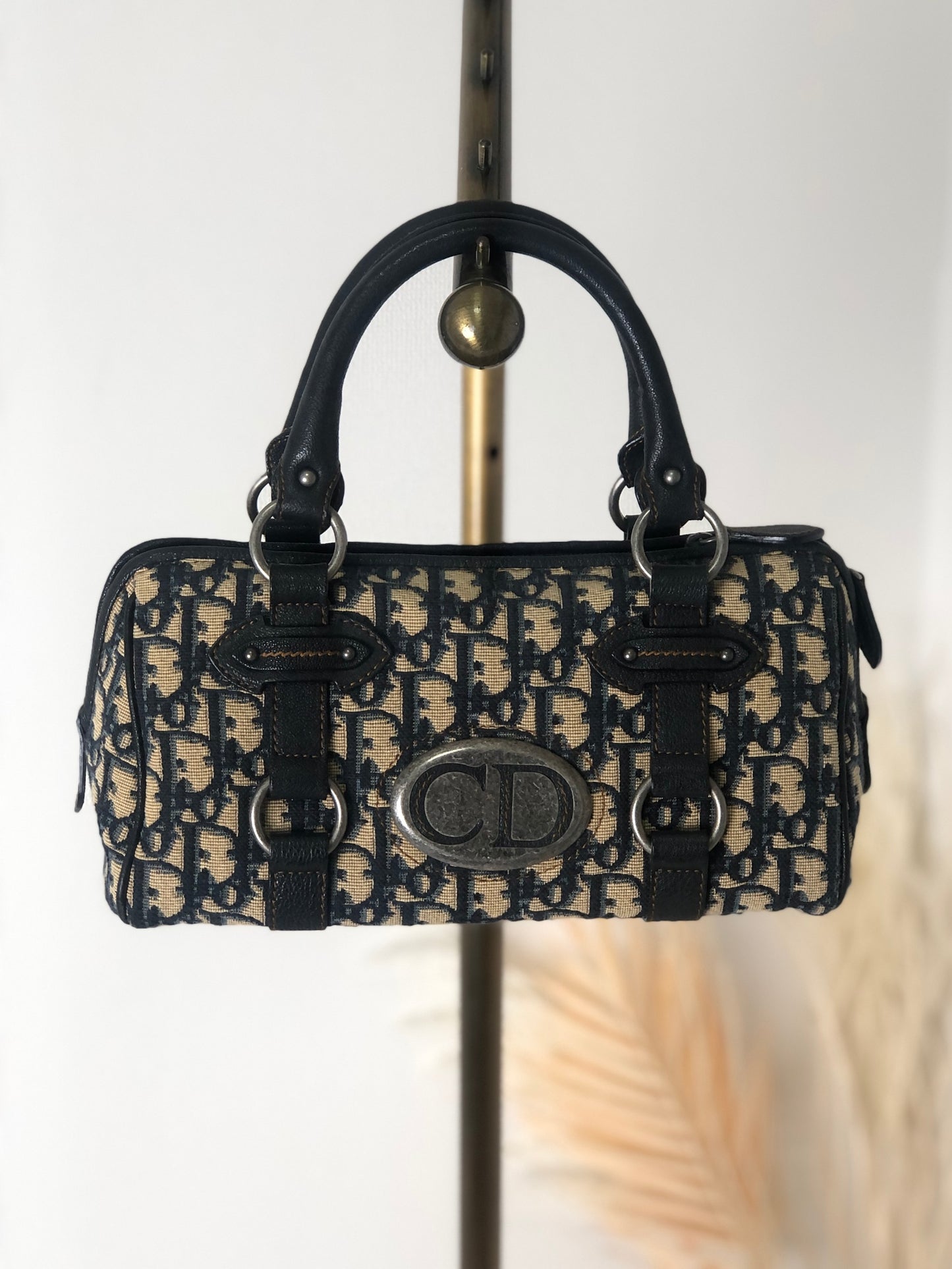 Christian Dior Trotter CD Logo 提花皮革手提包波士頓包海軍藍復古 aminvy