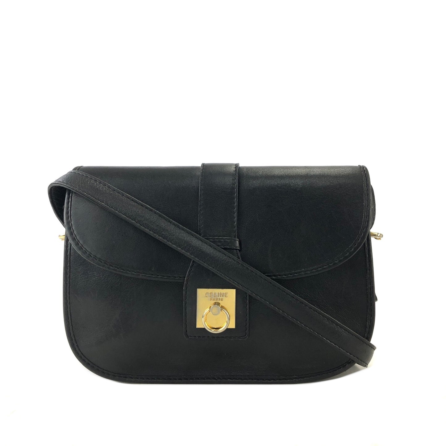 CELINE Gancini Leather Crossbody Shoulder bag Black Vintage 243mx8