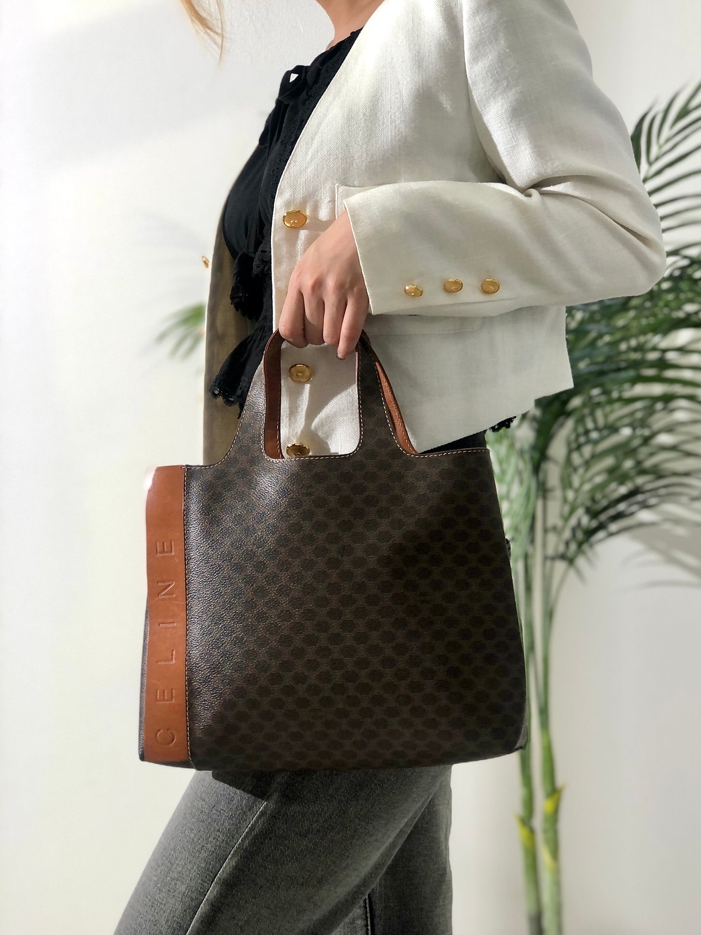 CELINE Macadam Logo Totebag Handbag Brown Vintage pwx4uh