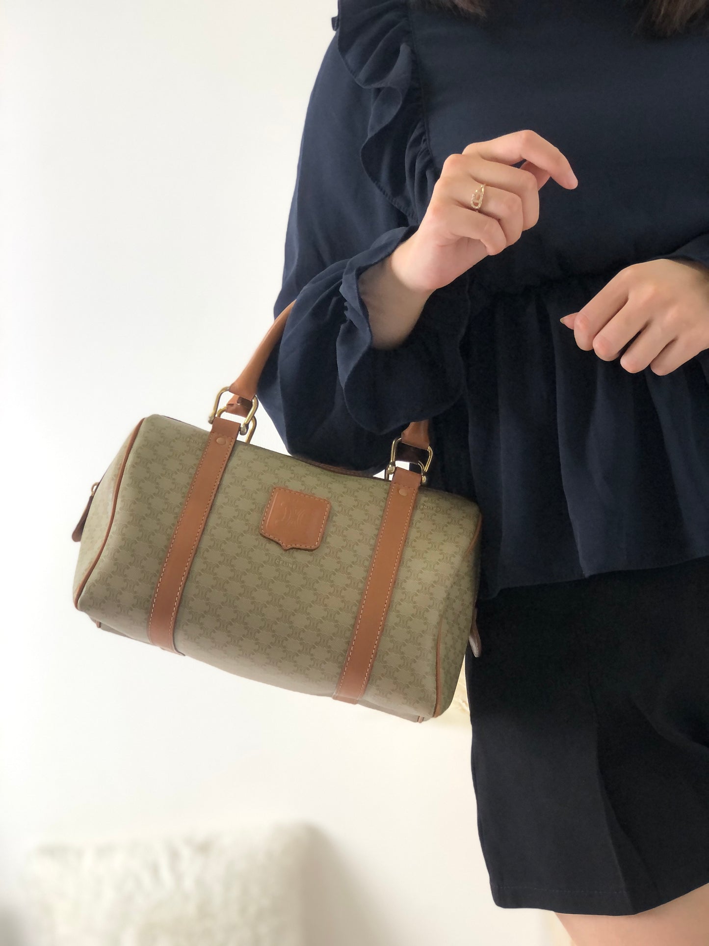 CELINE Macadam Blason Handbag Boston bag Beige Vintage 5s6c26