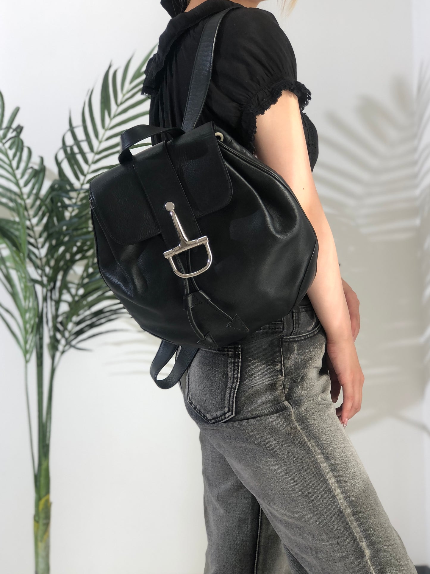 CELINE Horse Bit Leather Backpack Black Vintage fp635u