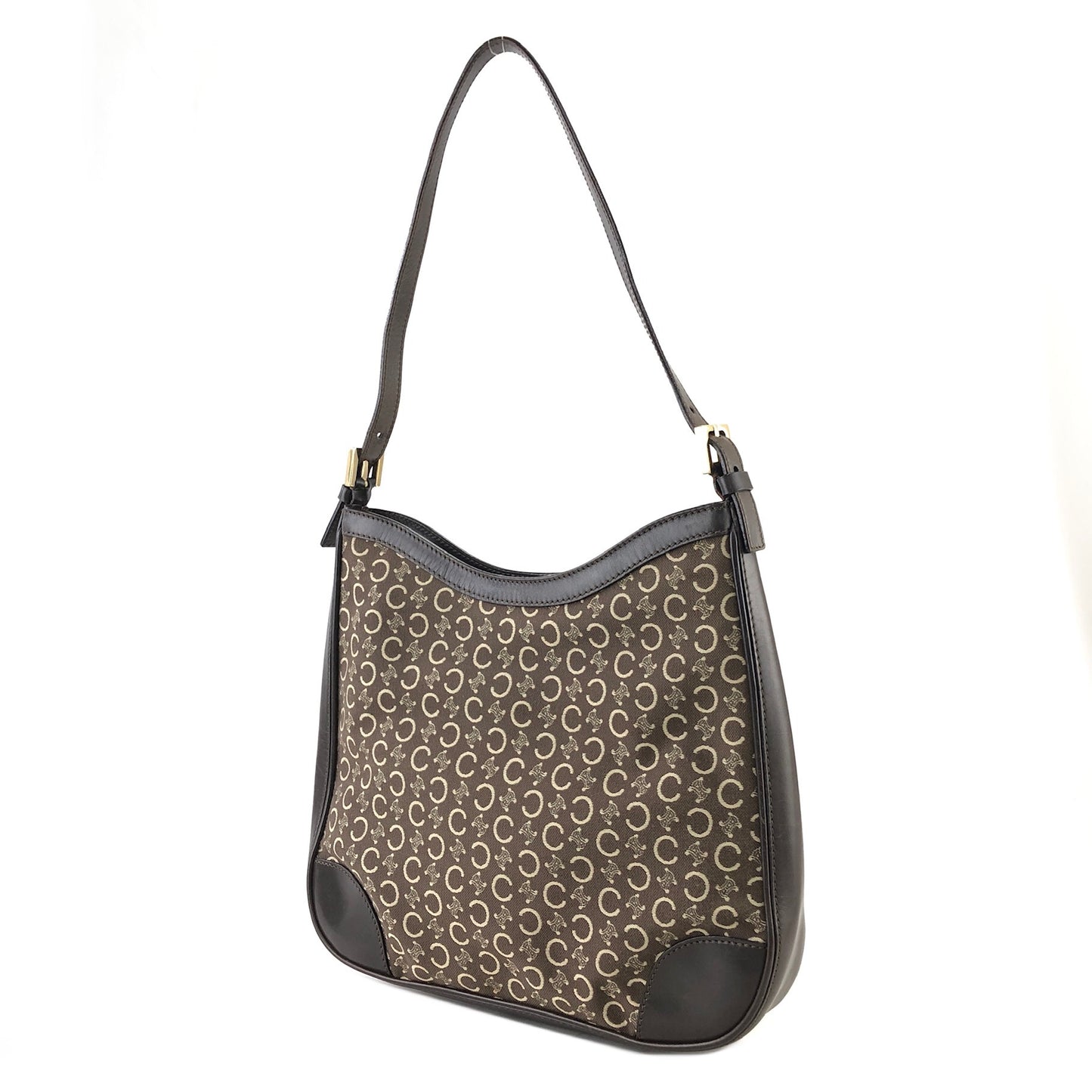 CELINE Macadam Jacquard Leather Shoulder bag Hobobag Brown Vintage afg23s