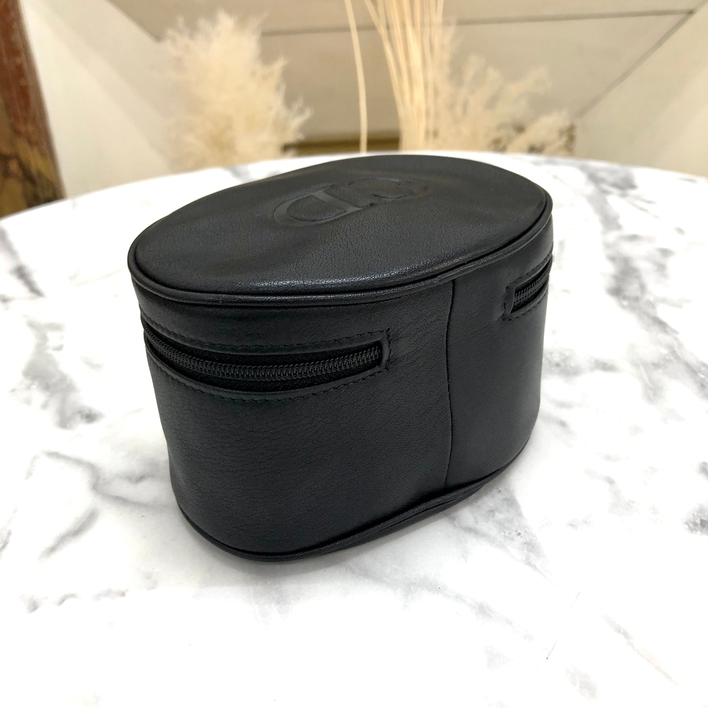 Christian Dior CD 標誌皮革化妝包黑色復古 x5rawm
