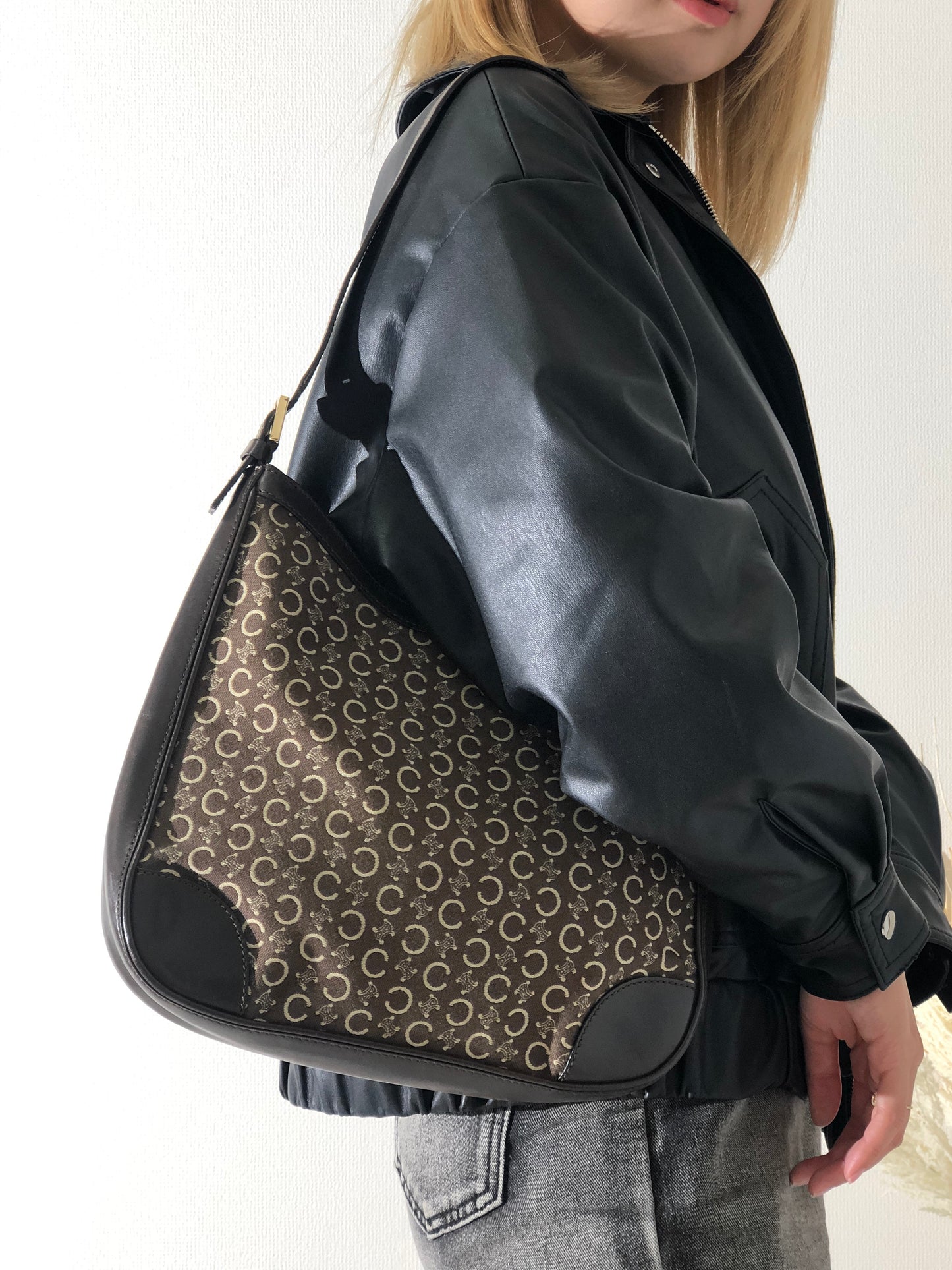 CELINE Macadam Jacquard Leather Shoulder bag Hobobag Brown Vintage afg23s