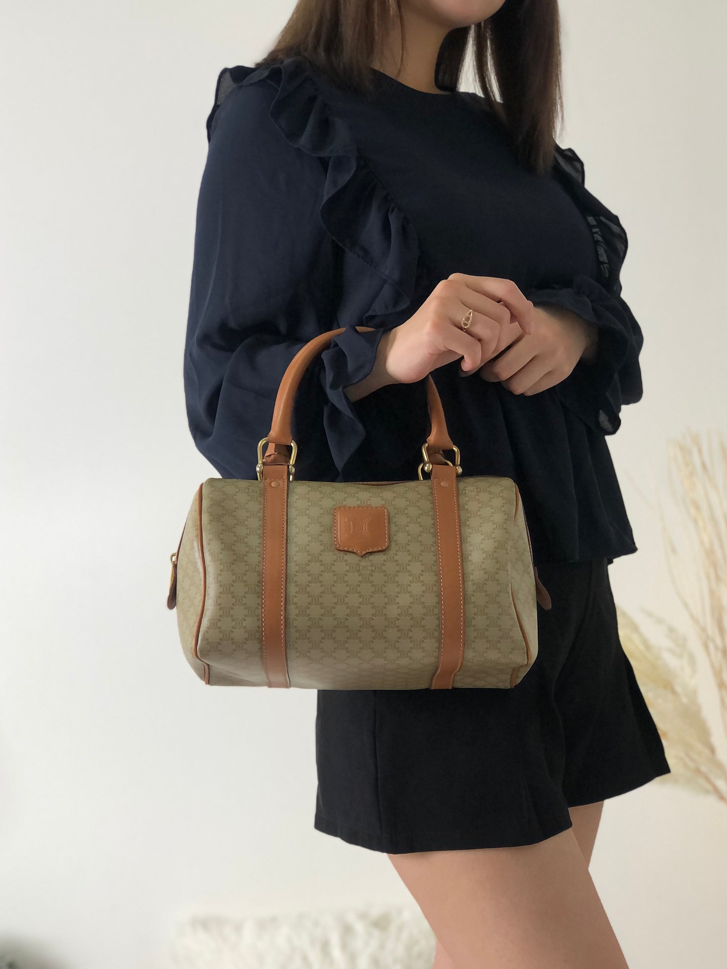 CELINE Macadam Blason Handbag Boston bag Beige Vintage 5s6c26