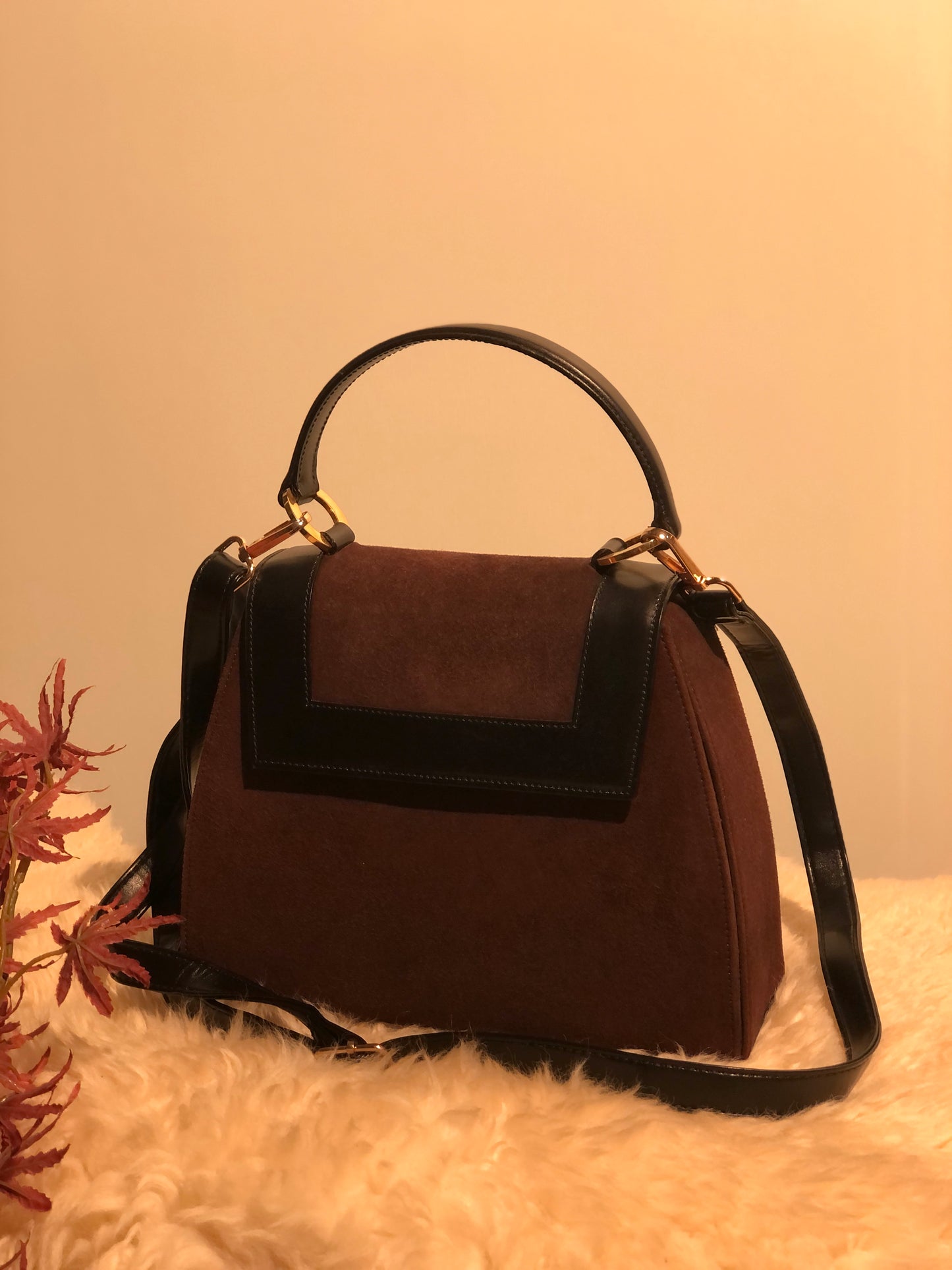 CELINE Circle Logo Suede Leather Two-way Handbag Shoulder bag Brown Black Vintage vxyndh