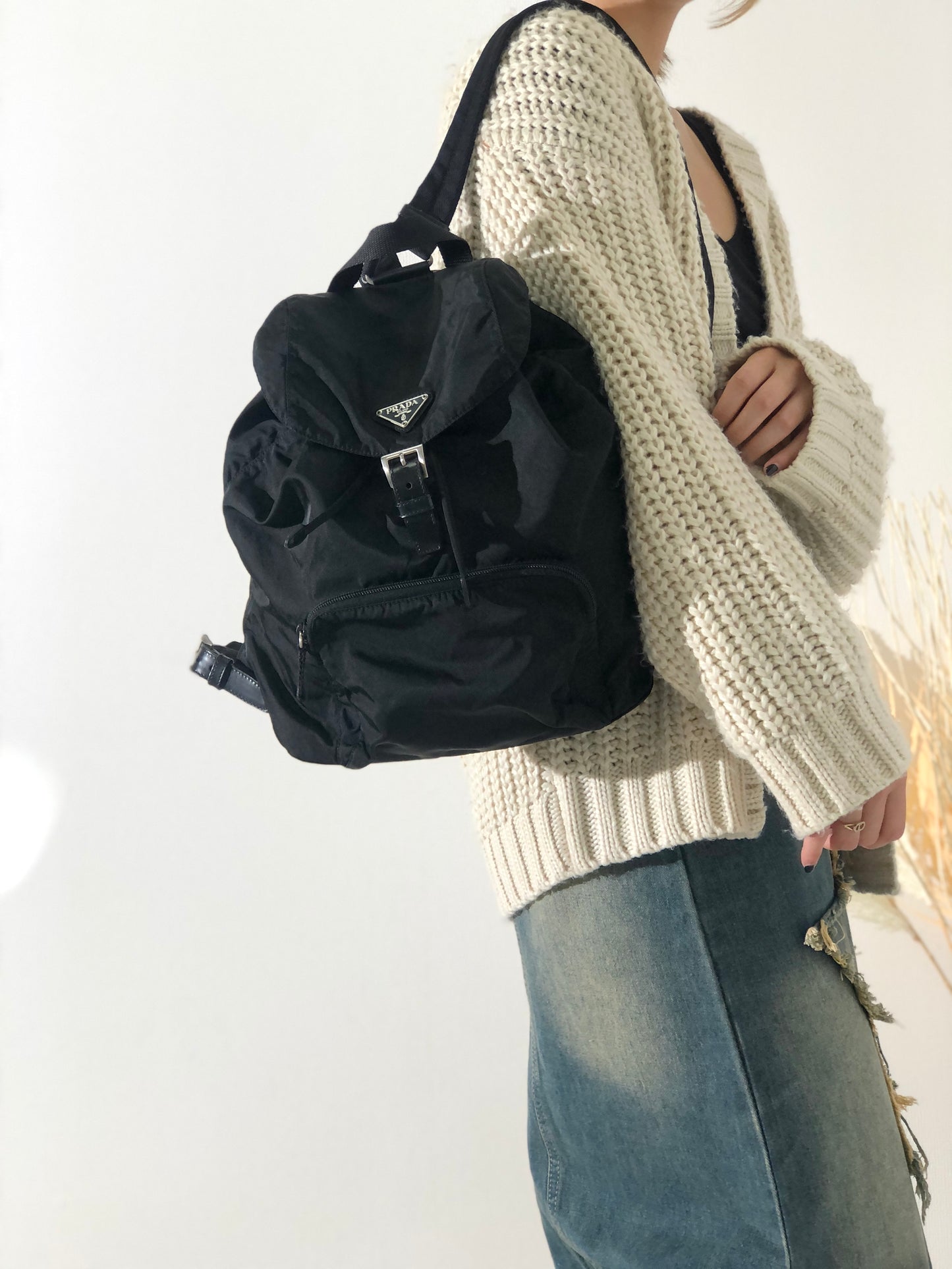 PRADA Triangle Logo Nylon Backpack Black Vintage js64pa