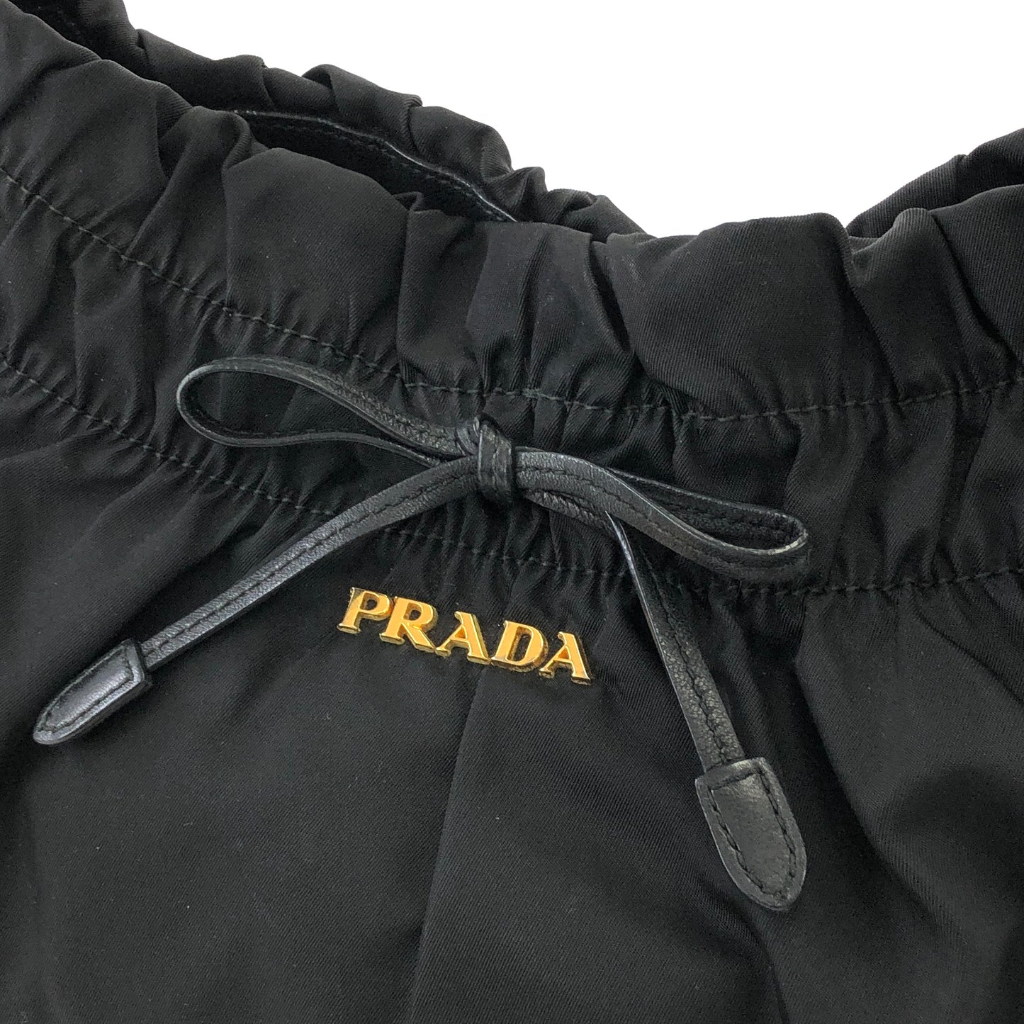 PRADA Logo Nylon Leather Shirring Handbag Black Vintage xwztuy