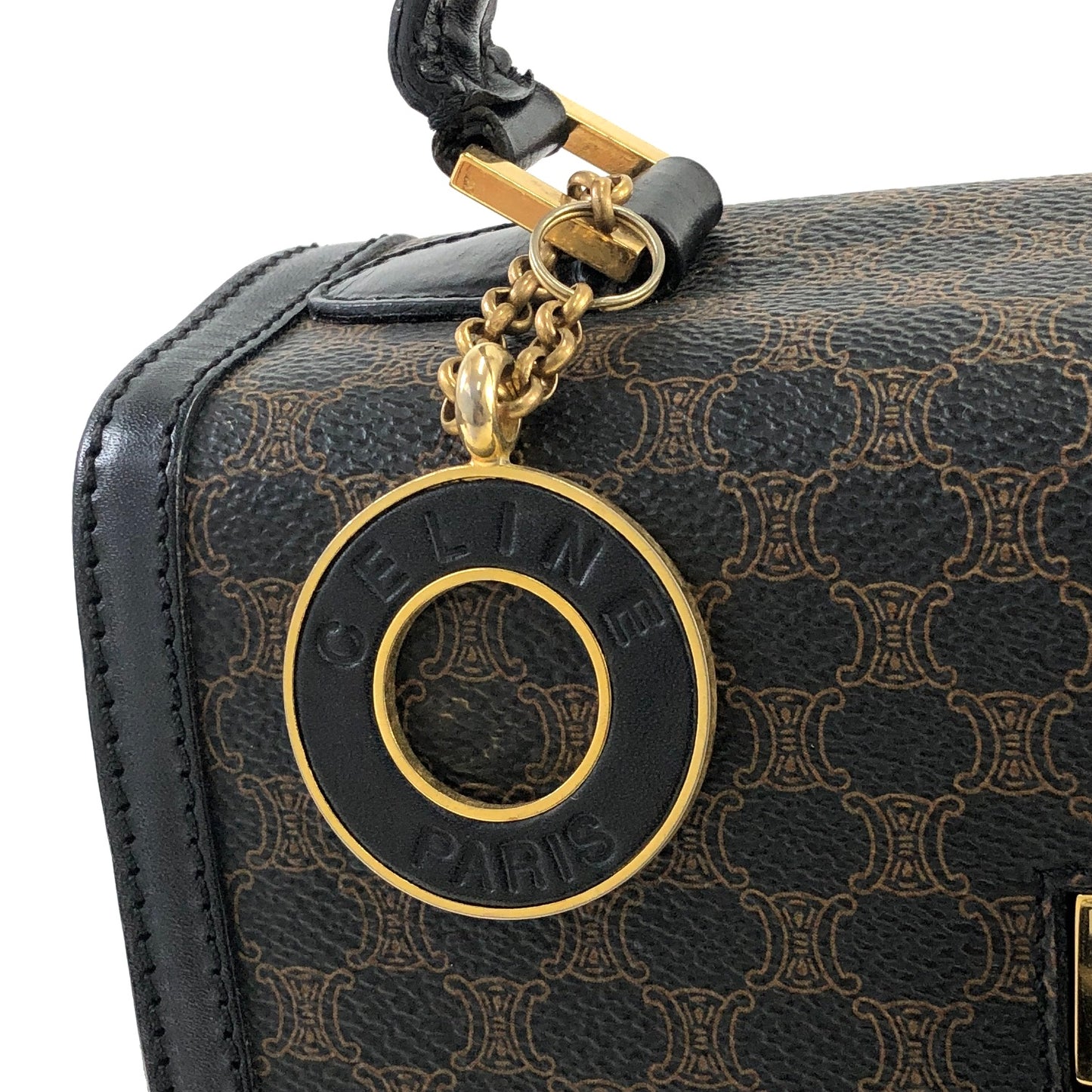 CELINE Macadam Logo Motif Charm Turn Lock Leather Two-way Handbag Shoulder bag Black Vintage cptypf