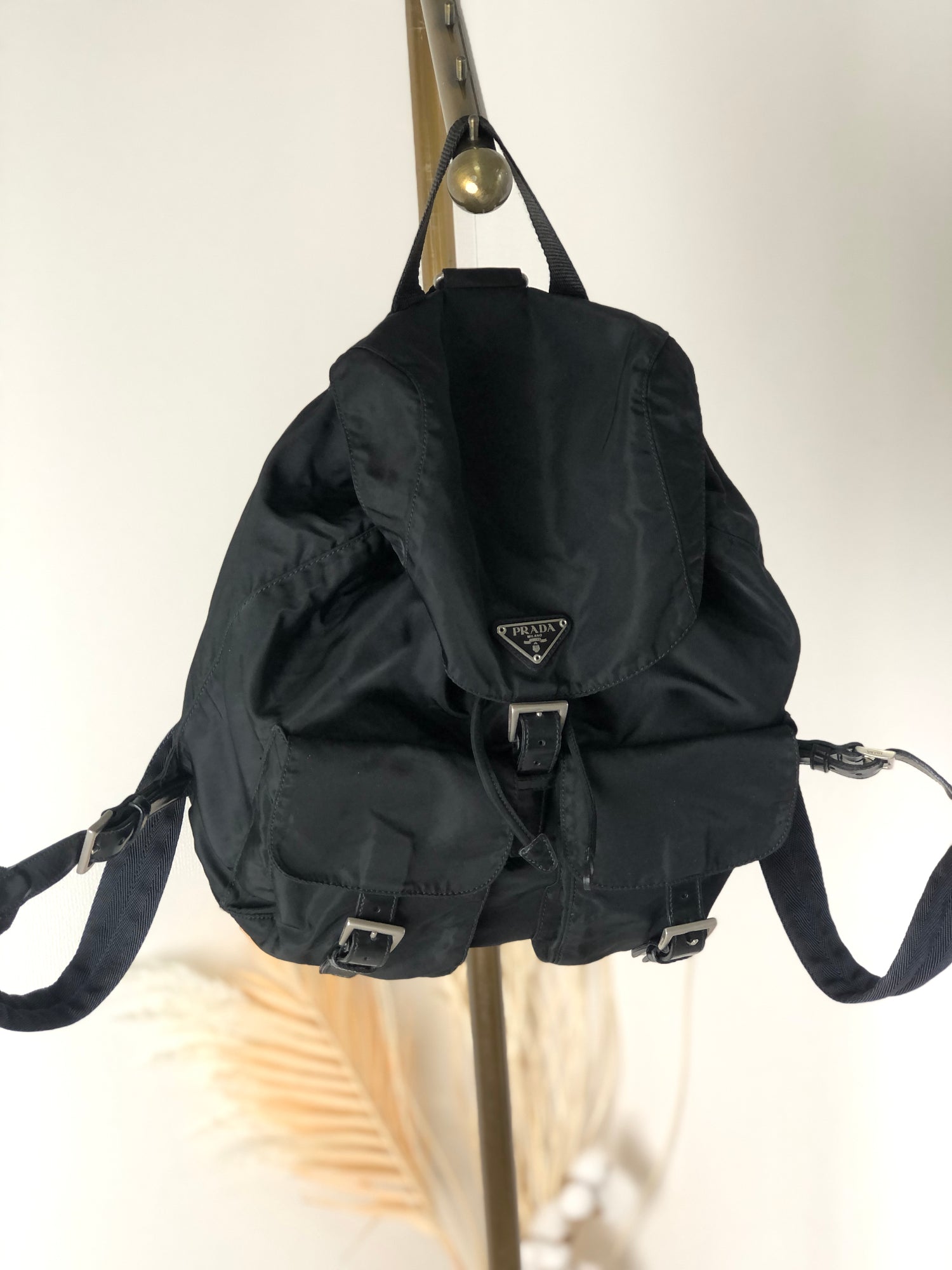 PRADA Triangle Logo Double Pocket Nylon Backpack Black Vintage 