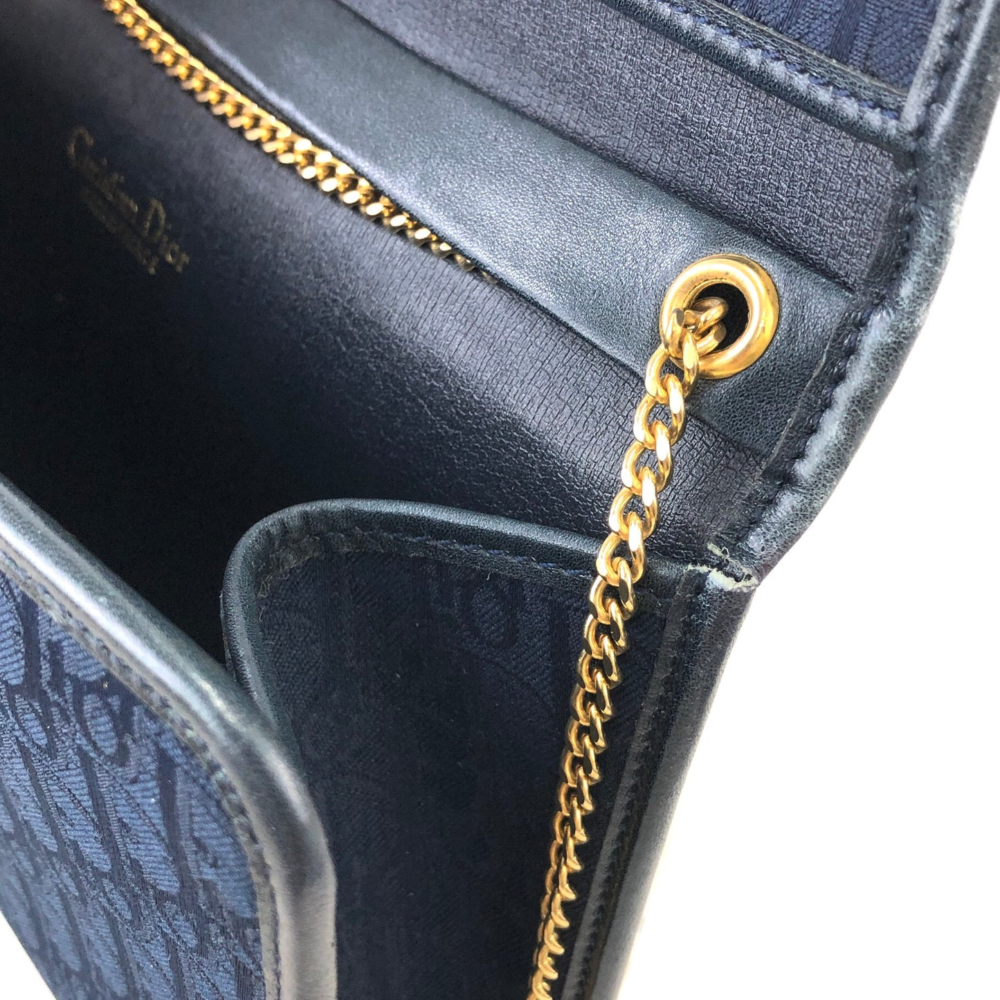 Christian Dior Trotter Logo 提花皮革鏈條斜背包單肩包海軍藍復古 khnany
