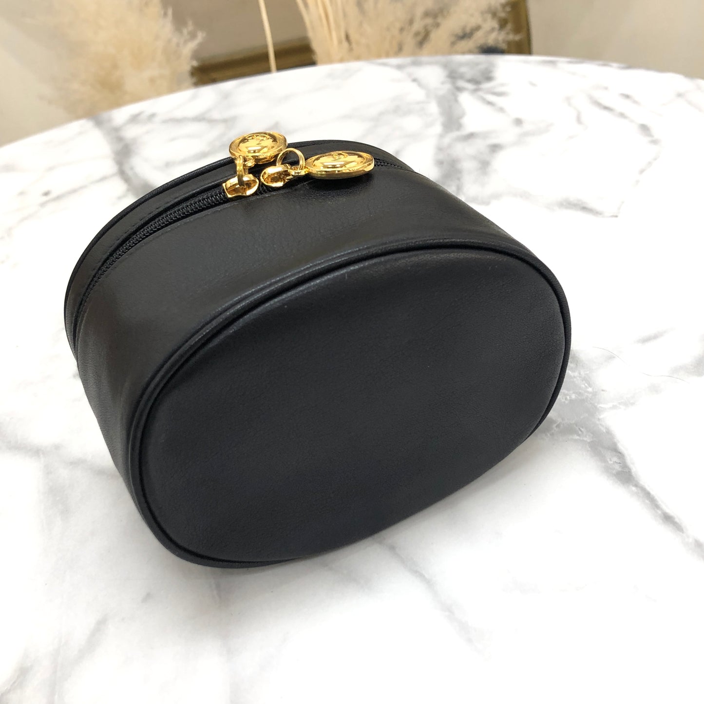 Christian Dior CD 標誌皮革化妝包黑色復古 x5rawm