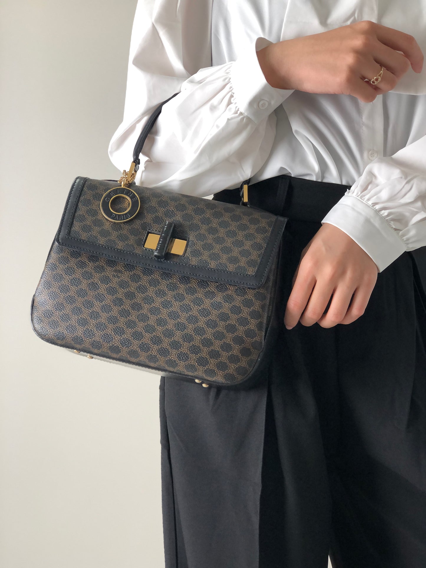 CELINE Macadam Logo Motif Charm Turn Lock Leather Two-way Handbag Shoulder bag Black Vintage cptypf