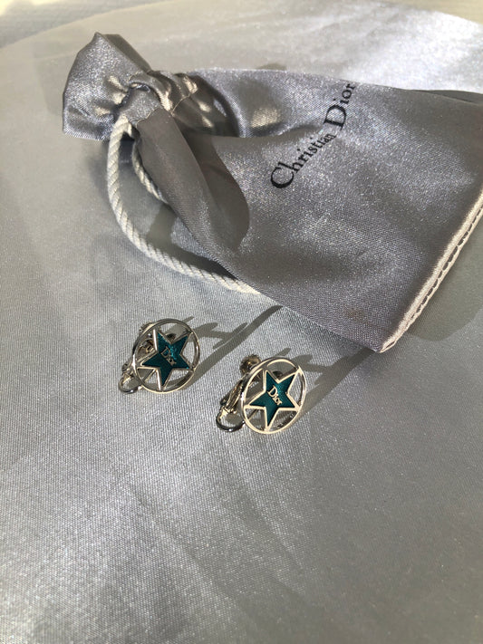 Christian Dior Logo Circle Star Earrings Silver Vintage fkd34r