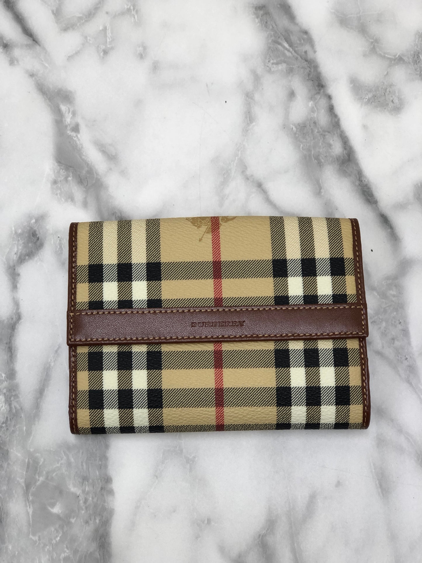 Burberry Nova Check Logo PVC Leather Folded Wallet Beige Vintage y7ama2