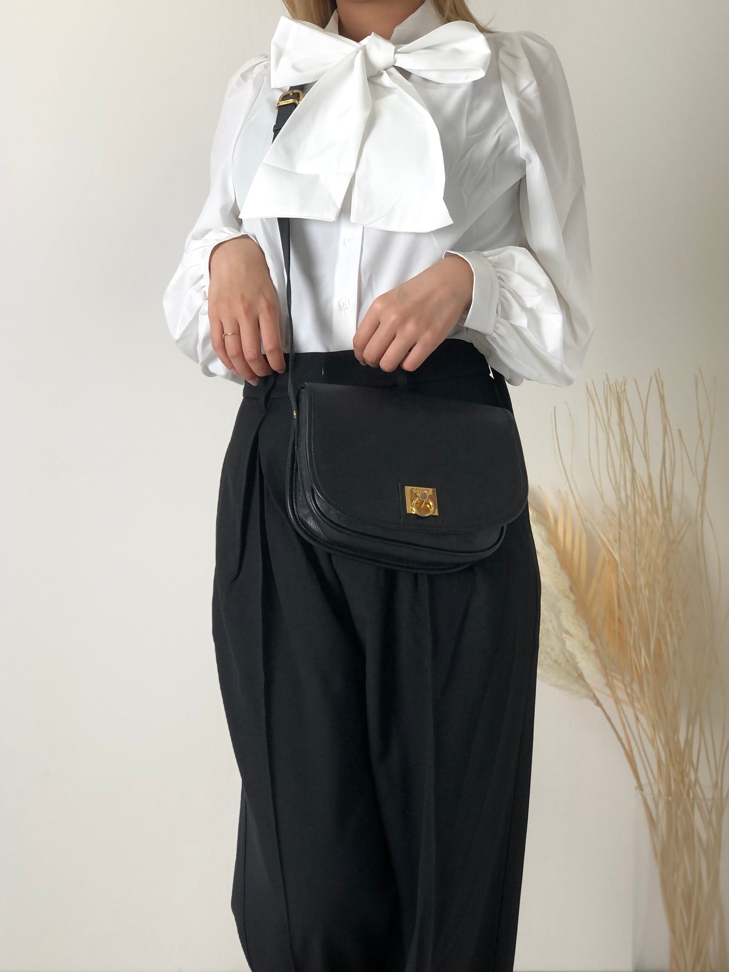 CELINE Gancini Flap Leather Shoulder bag Black Vintage 8na8ex