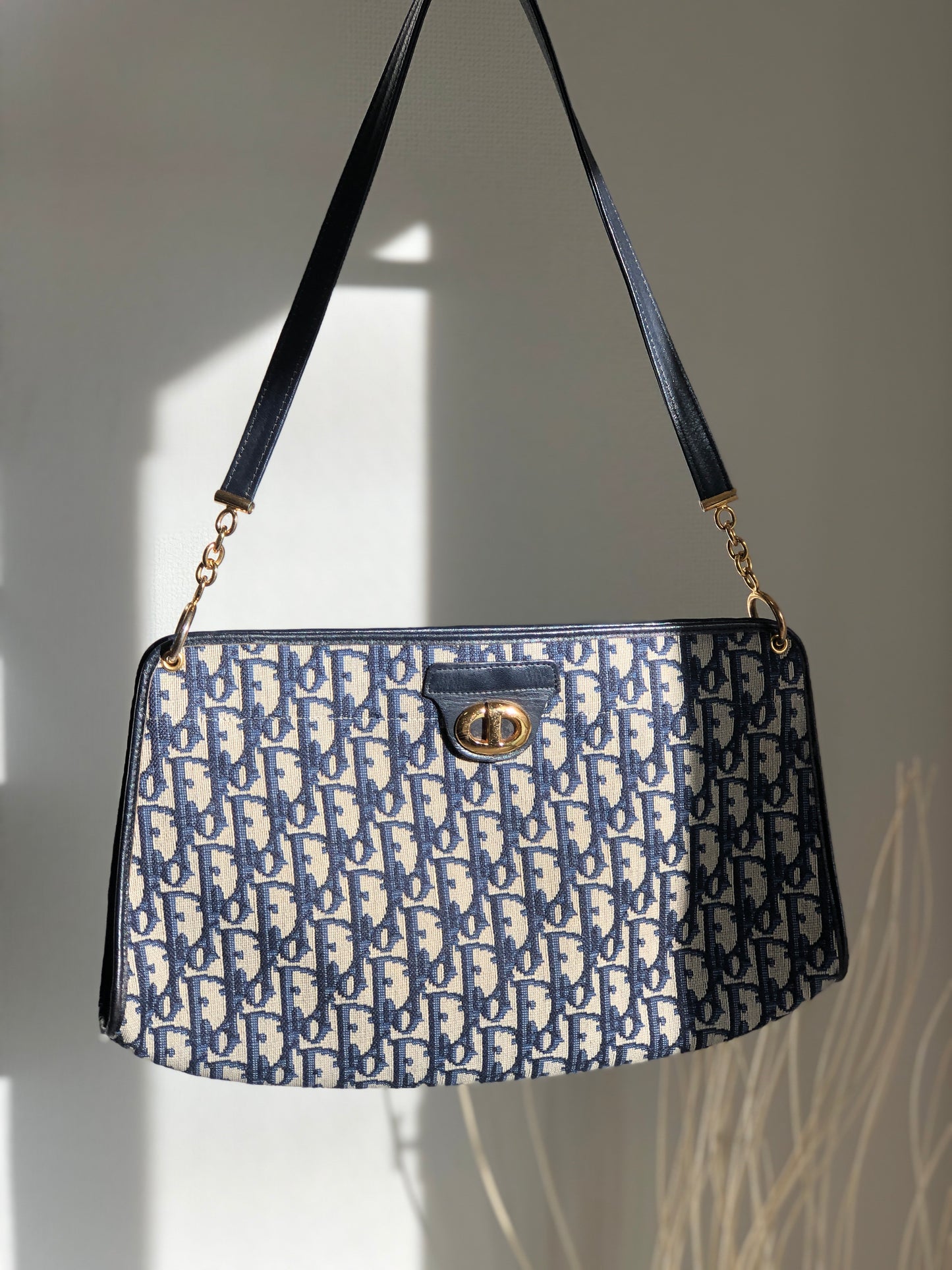 Christian Dior Trotter CD Logo Jacquard Leather Shoulder bag Navy Vintage 5f4tcg