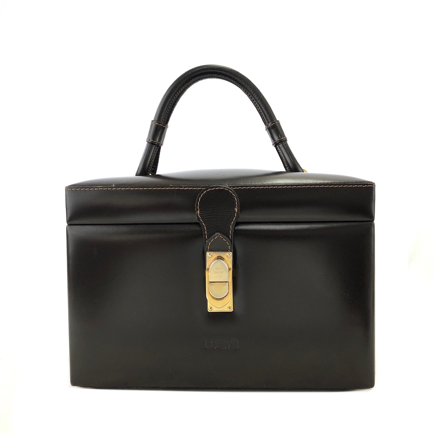 LOEWE Anagram Metal Closure Leather Vanity bag Box bag Brown Vintage j4pwks