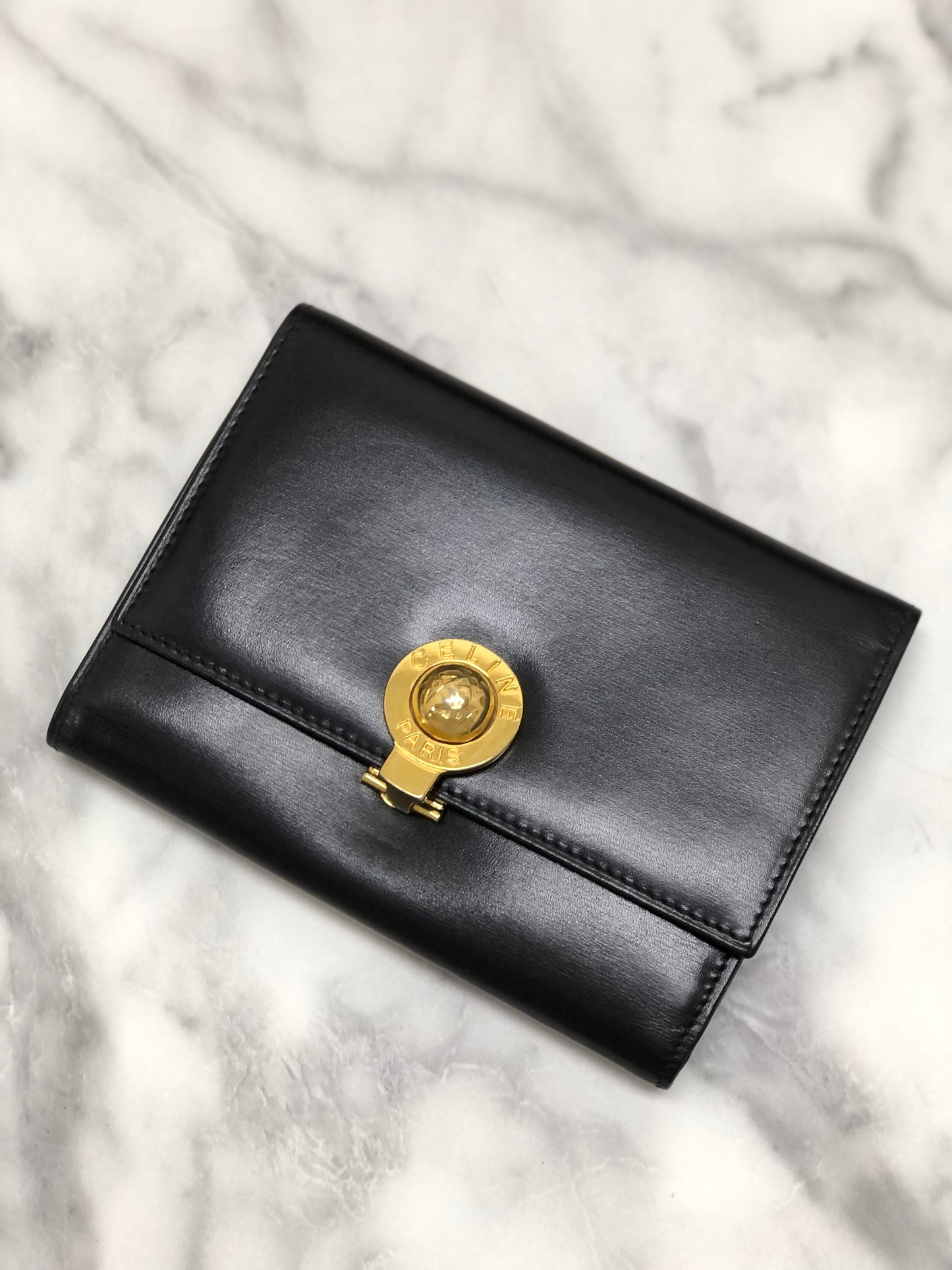 CELINE Starball Leather Trifold Wallet Black Vintage 7j572s