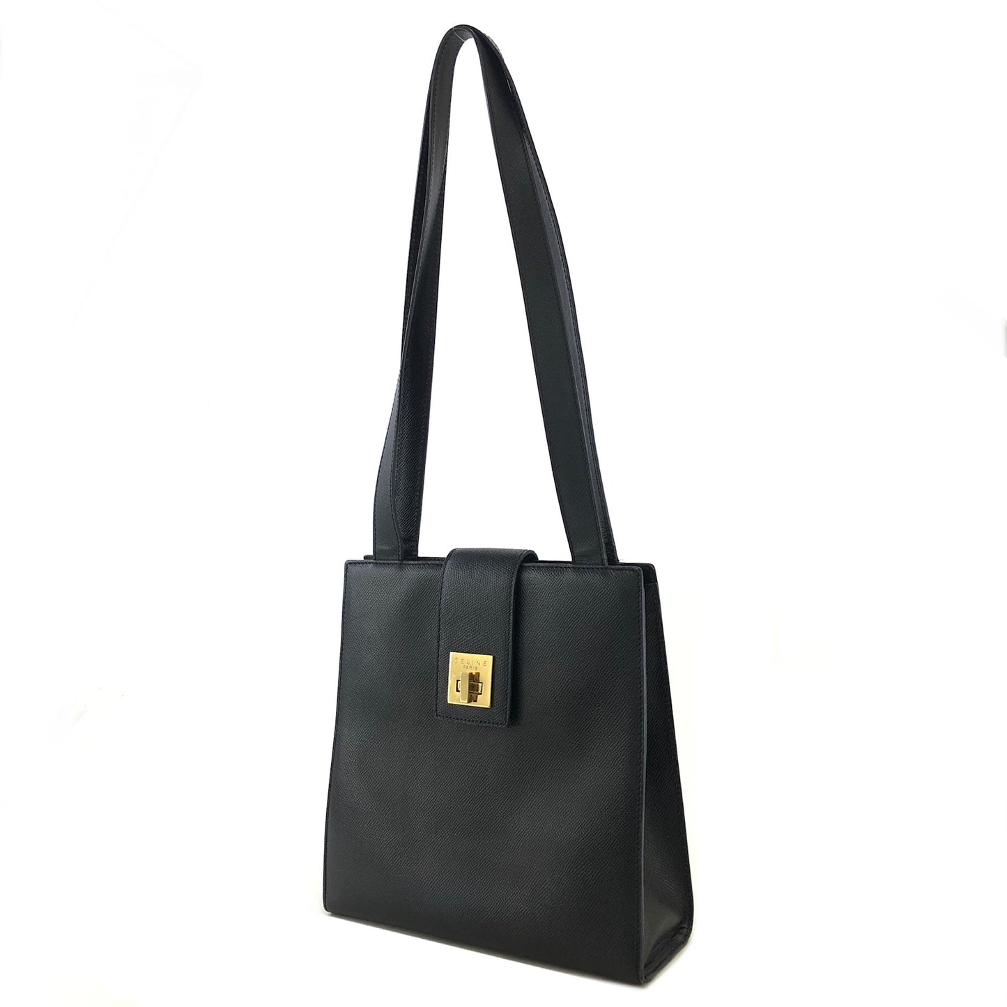CELINE Turn Lock Leather Totebag Black Vintage pbjww6
