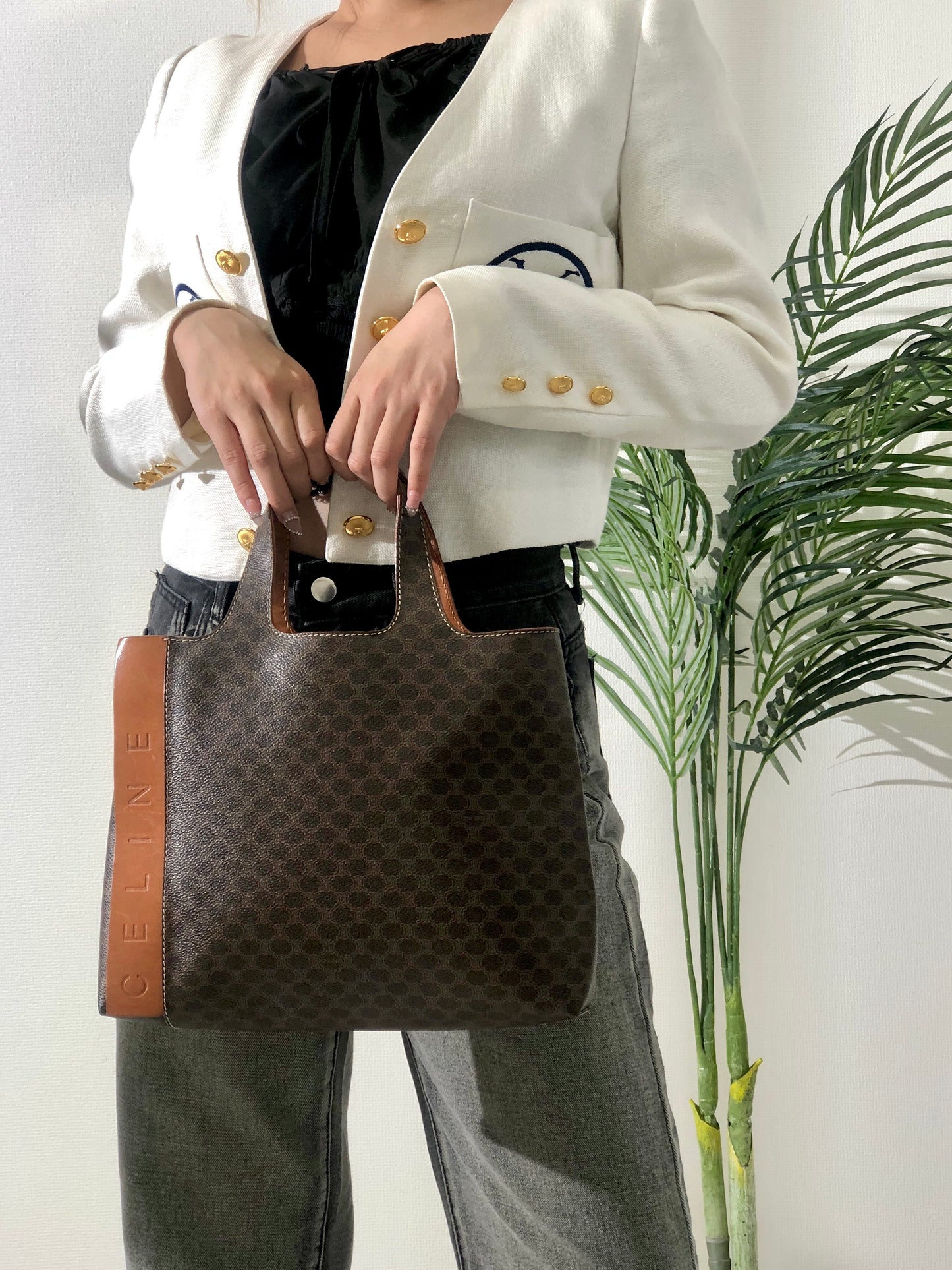 CELINE Macadam Logo Totebag Handbag Brown Vintage pwx4uh