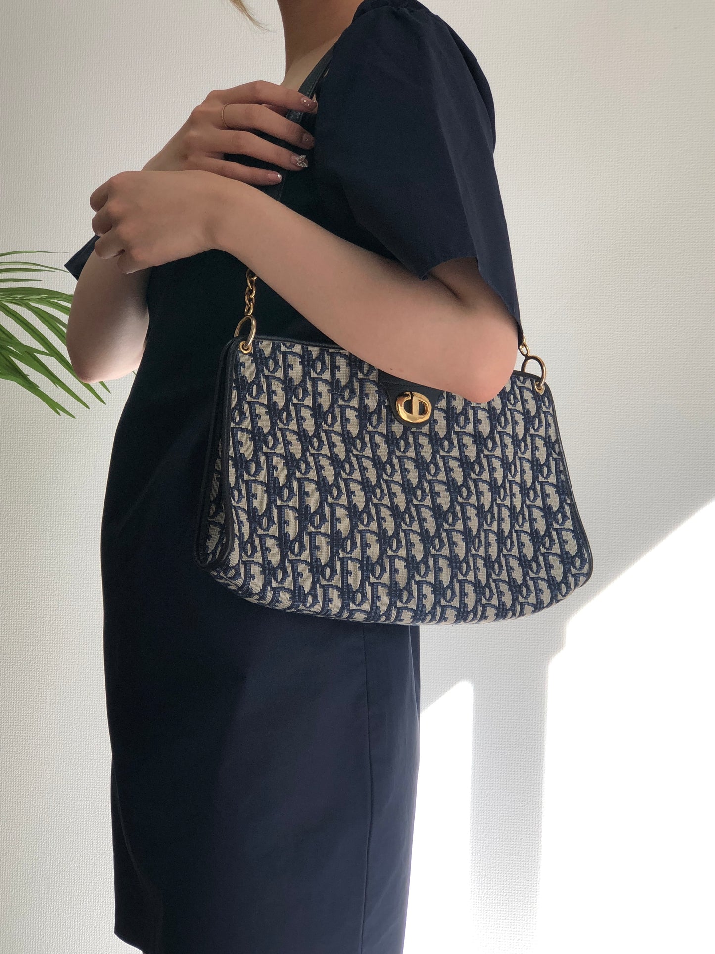 Christian Dior Trotter CD Logo Jacquard Leather Shoulder bag Navy Vintage 5f4tcg