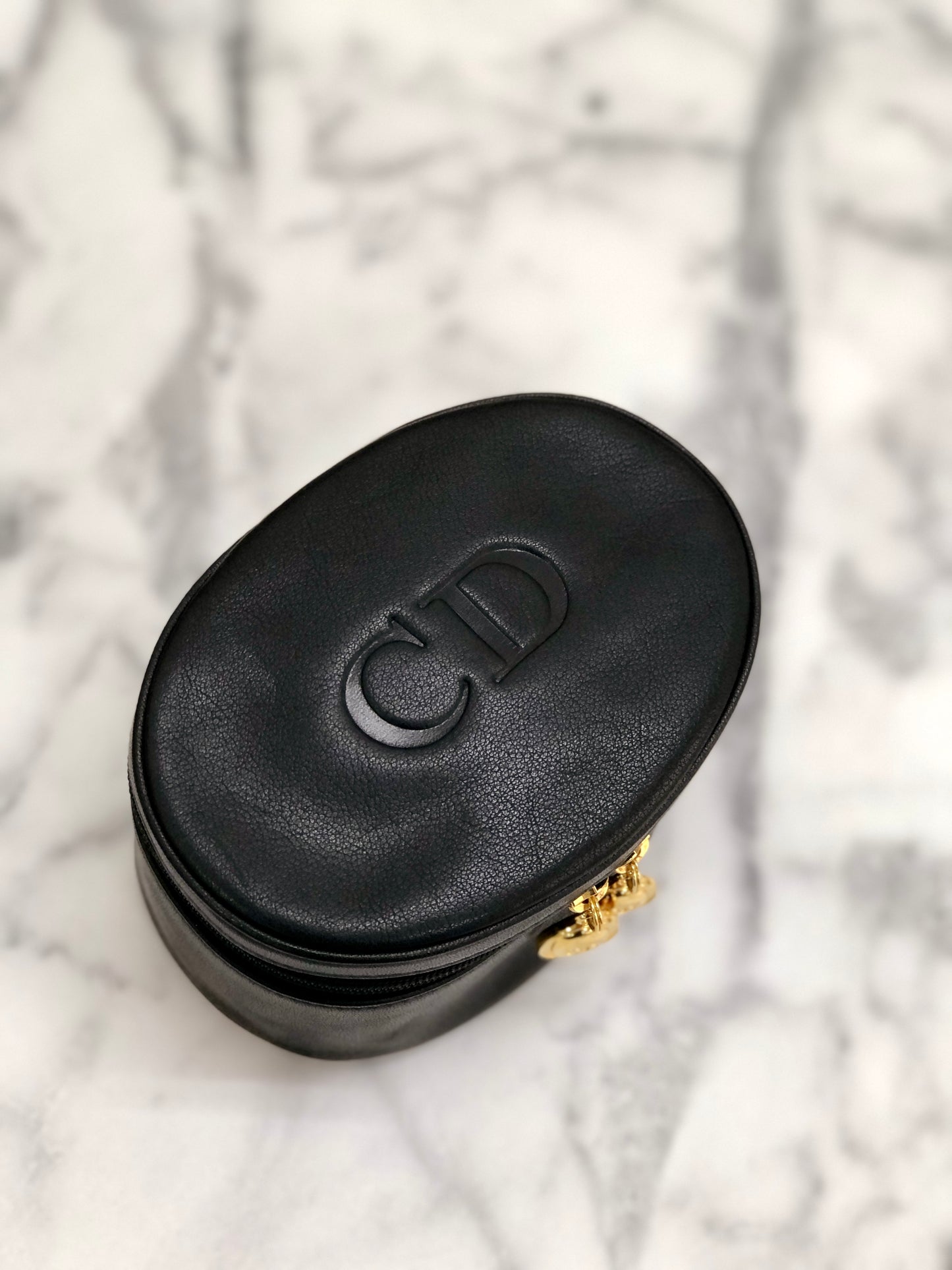 Christian Dior CD 標誌皮革化妝包黑色復古 x5rawm