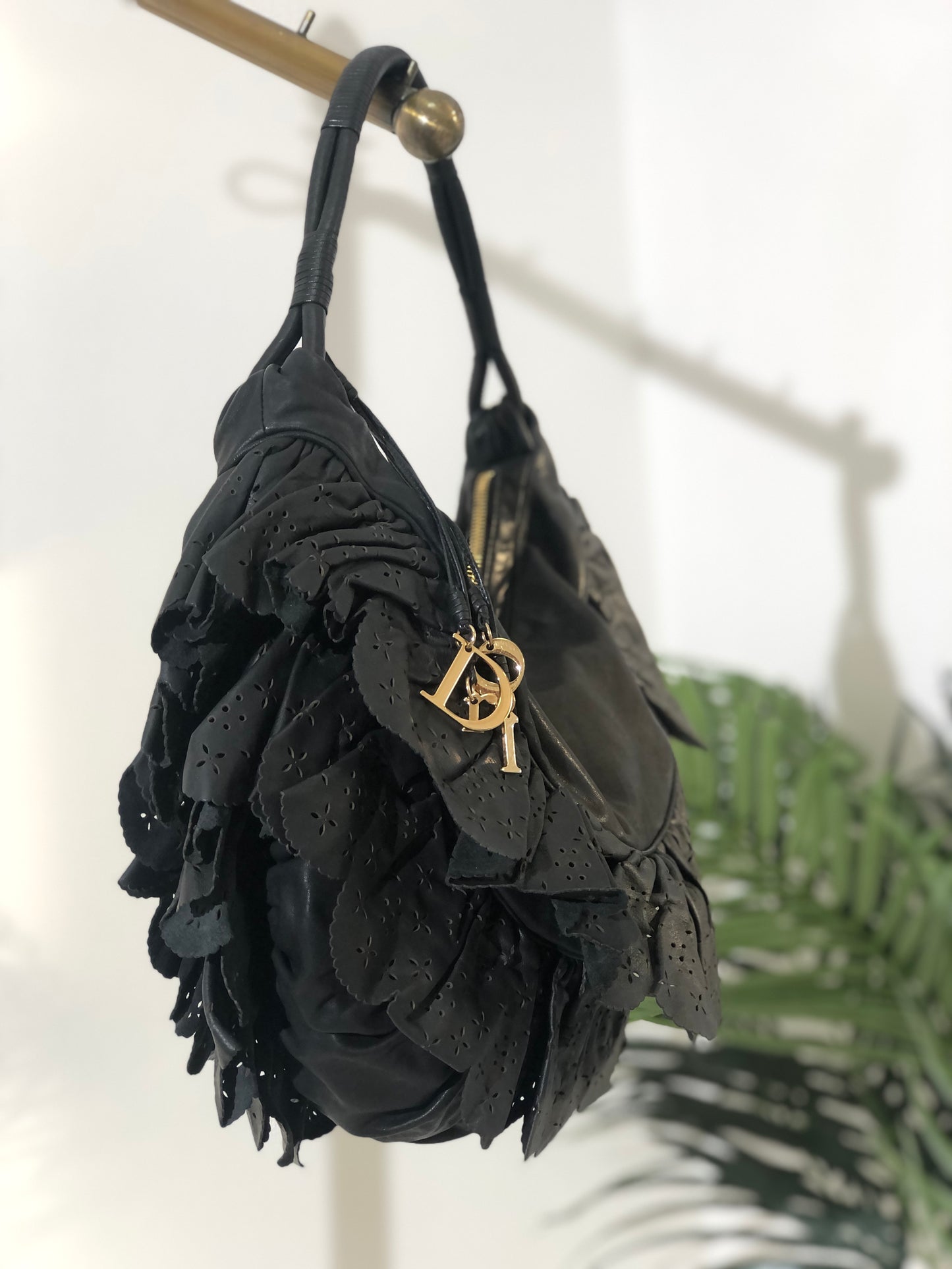 Christian Dior Logo Charm Cut Out Leather Handbag Shoulder bag Black Vintage 54pzak