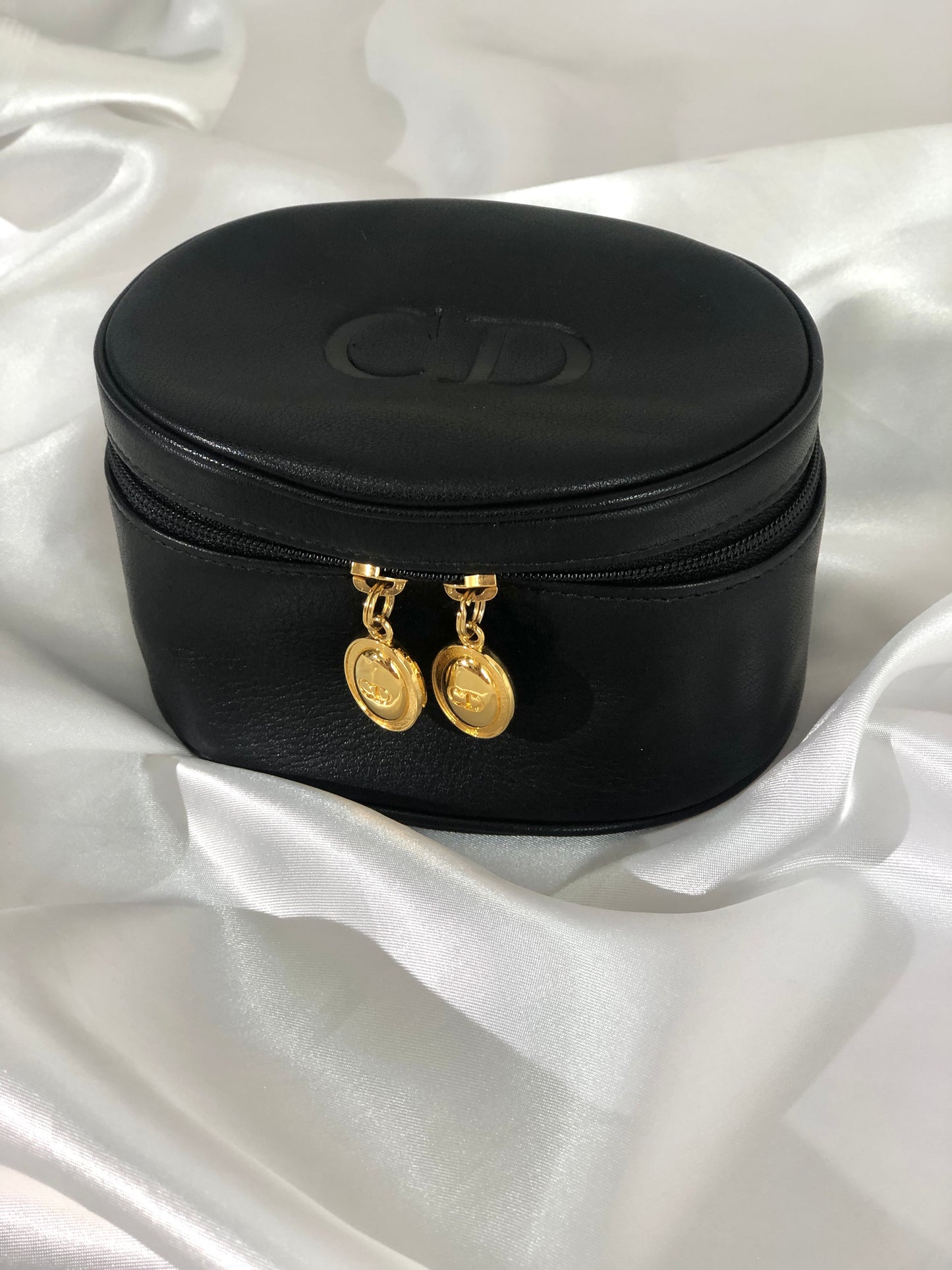 Christian Dior CD 標誌皮革化妝包黑色復古 x5rawm