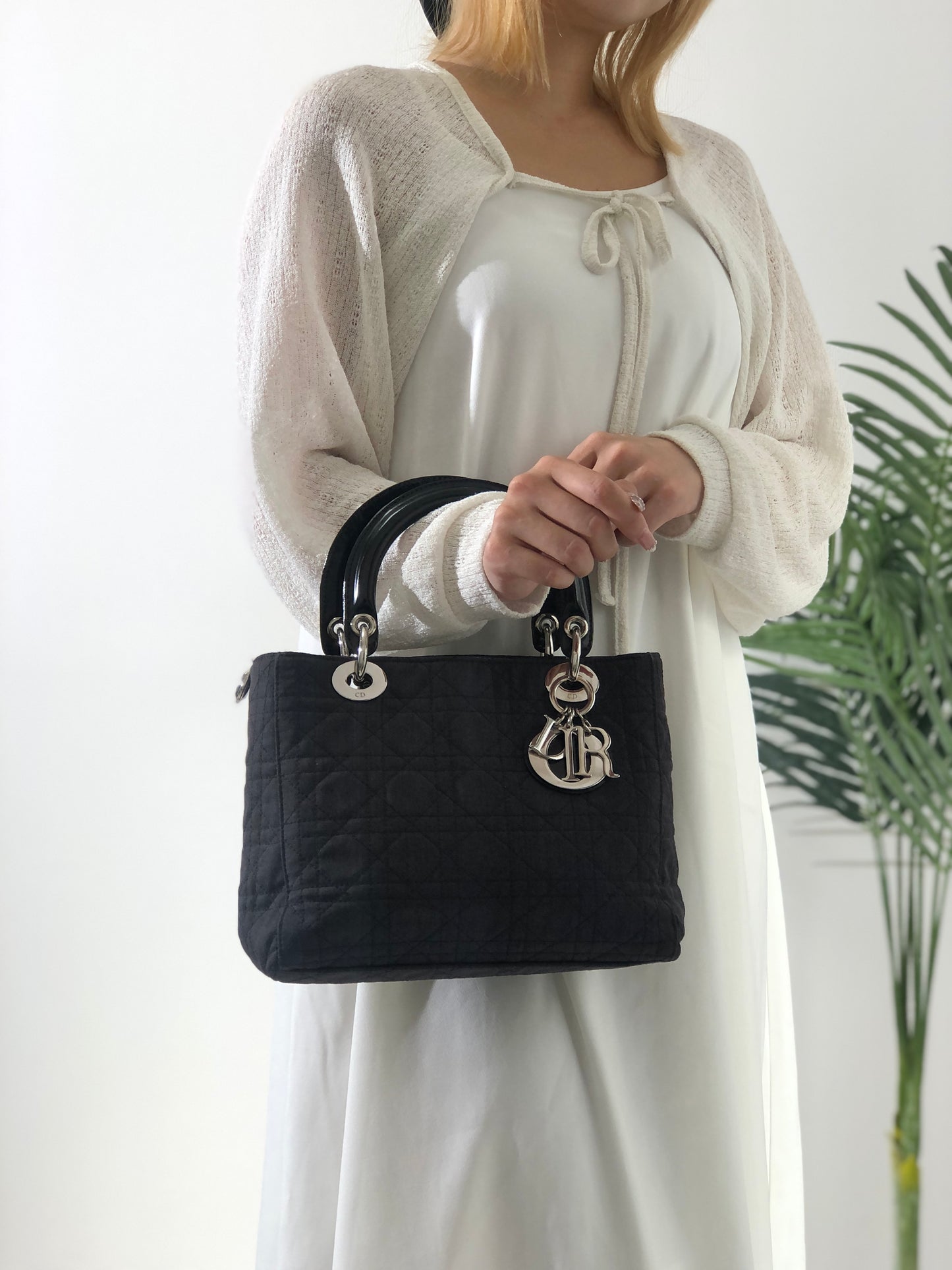 Christian Dior Lady Dior Cannage Canvas Leather Two-way Handbag Shoulder bag Black Vintage ztgz83