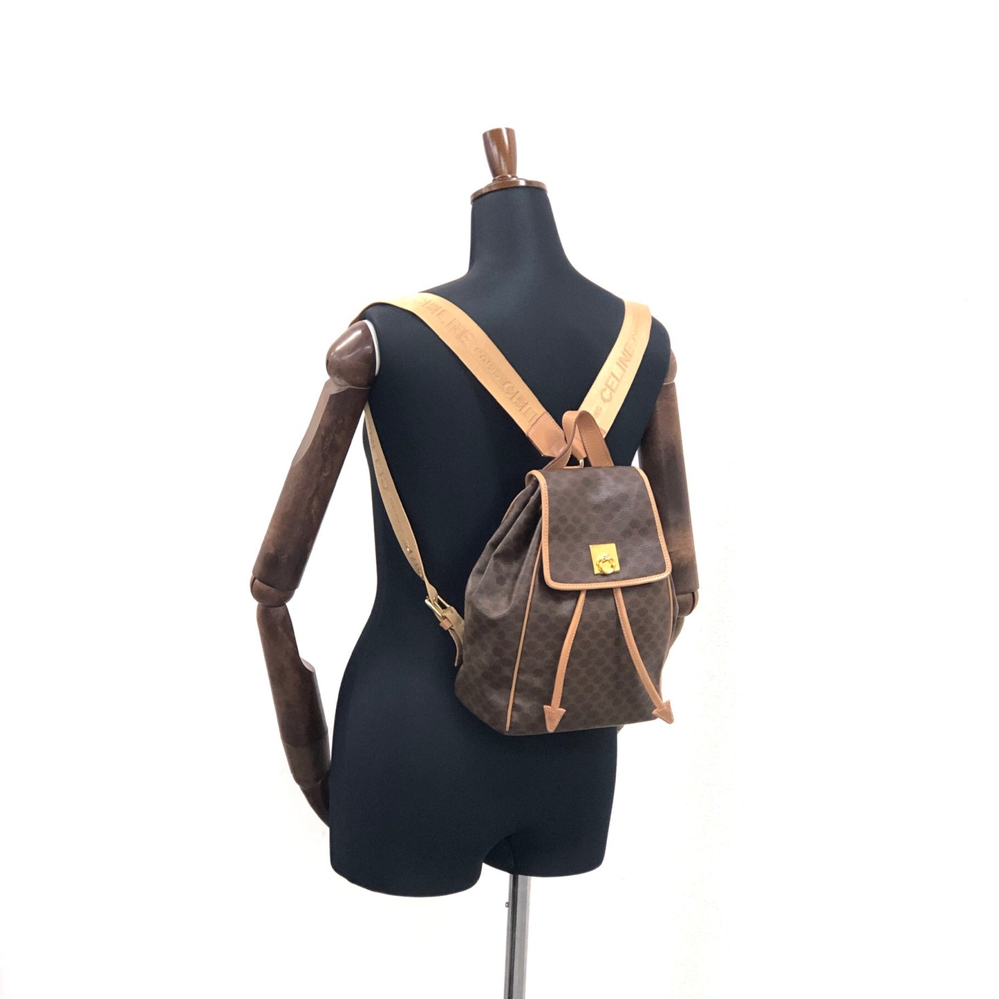 CELINE Macadam Gancini Logo Motif Leather Backpack Brown Vintage hcykdd