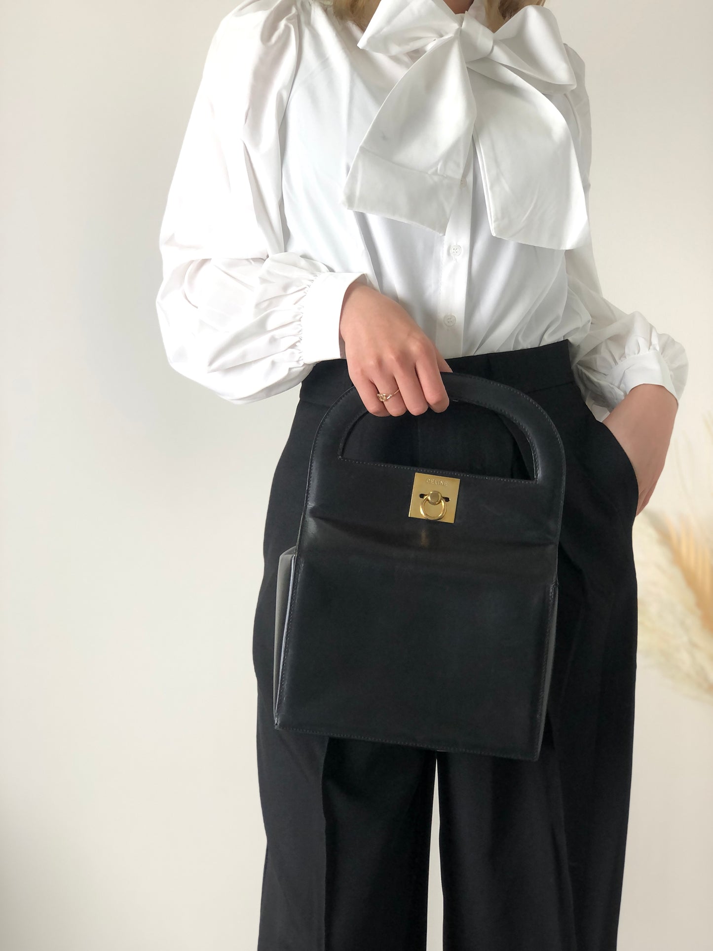 CELINE Gancini Leather Handbag Black Vintage irru2k