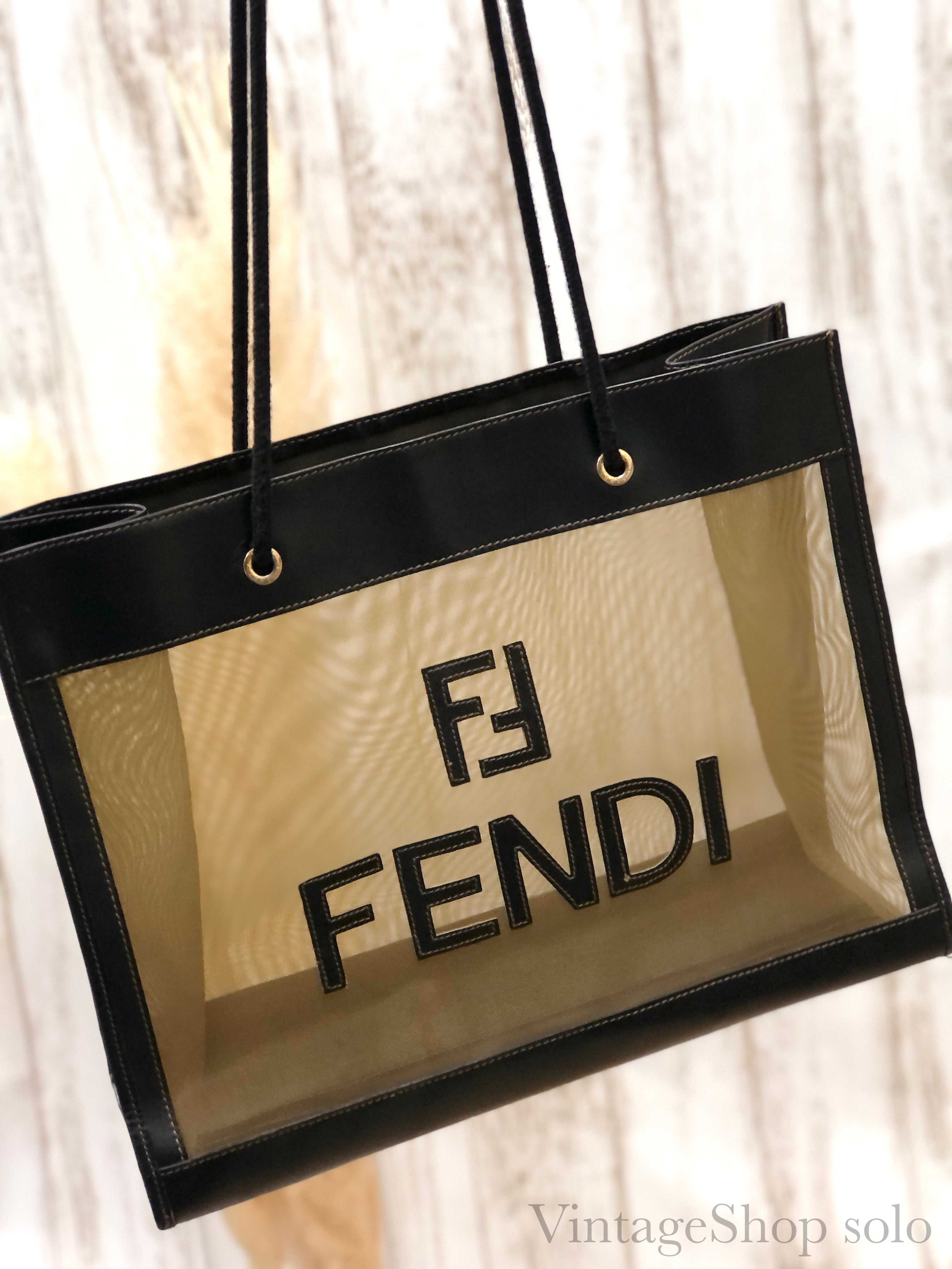 FENDI Logo Mesh Square Big Tote bag Black Vintage Old rcvsmr