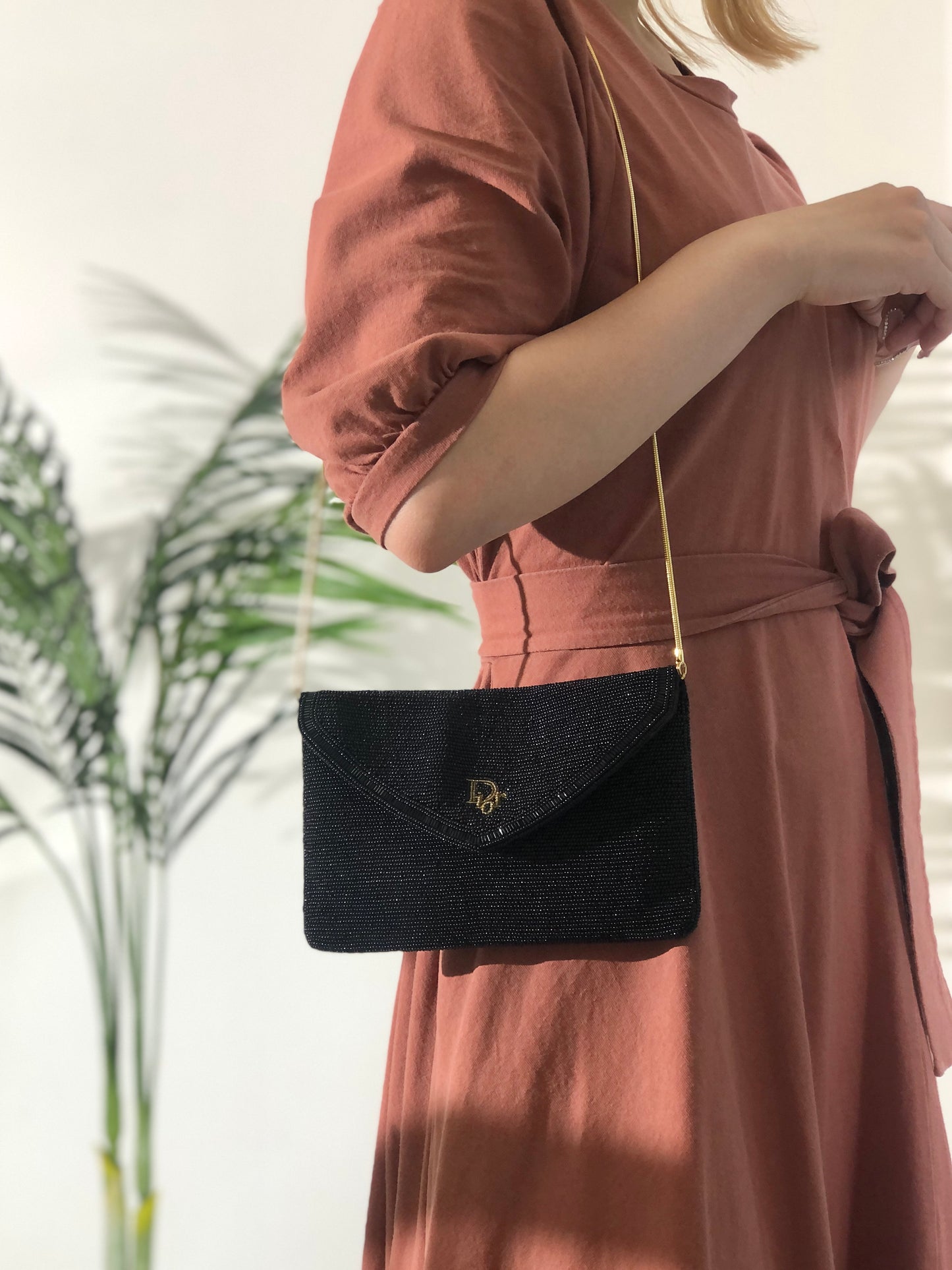 Christian Dior 標誌珠鍊單肩包 黑色 復古 kxcim5