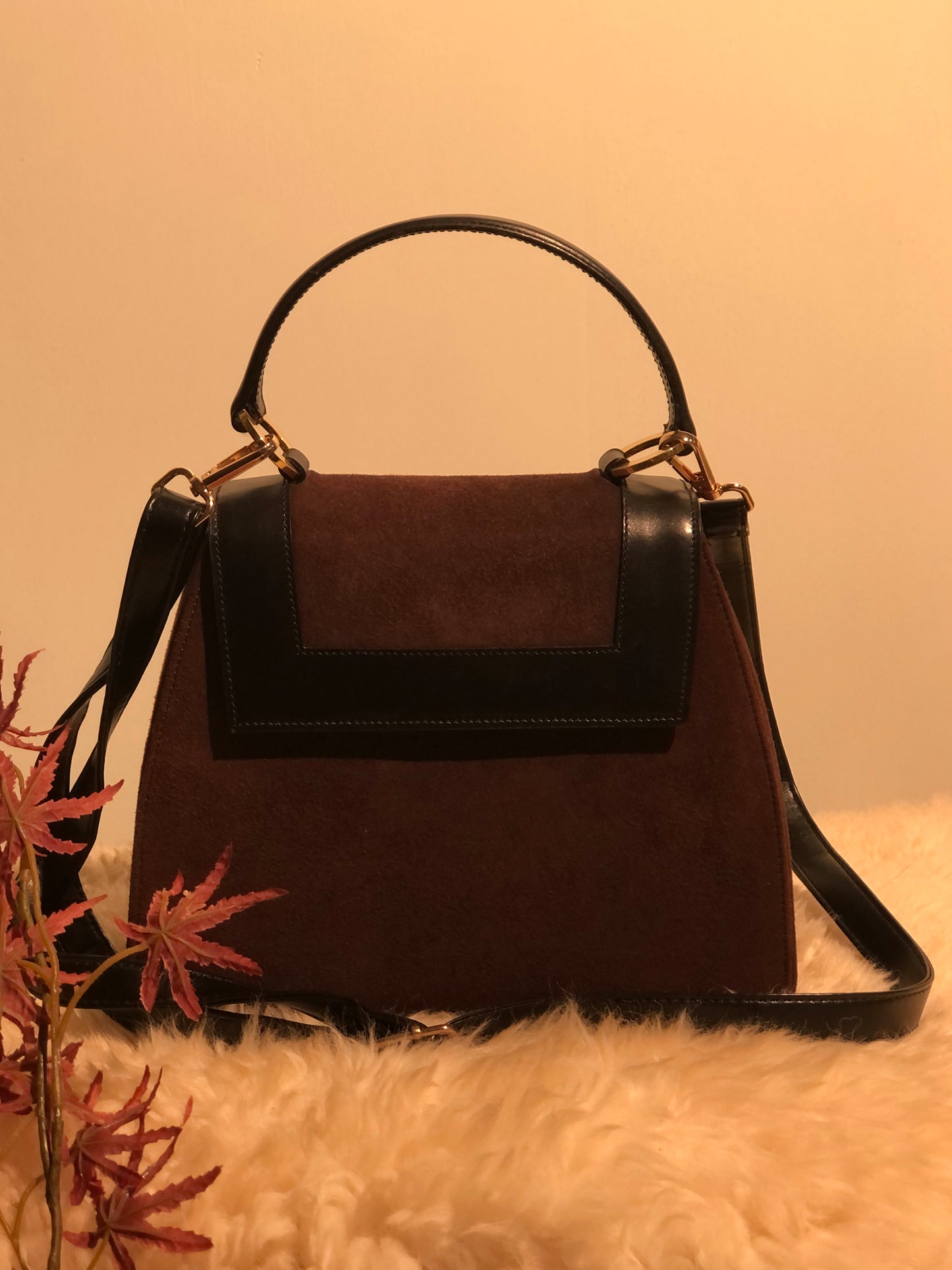 CELINE Circle Logo Suede Leather Two-way Handbag Shoulder bag Brown Black Vintage vxyndh