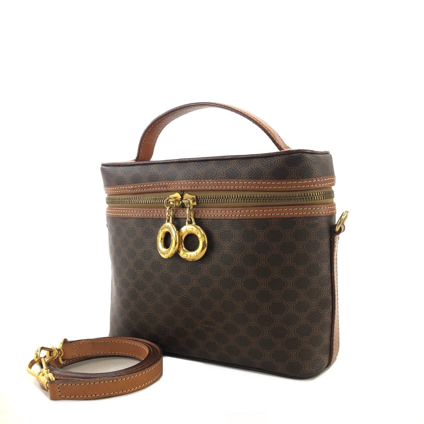 CELINE Macadam Circle Charm PVC Leather Two-way Handbag Shoulder bag Vanity bag Brown Vintage x573bx