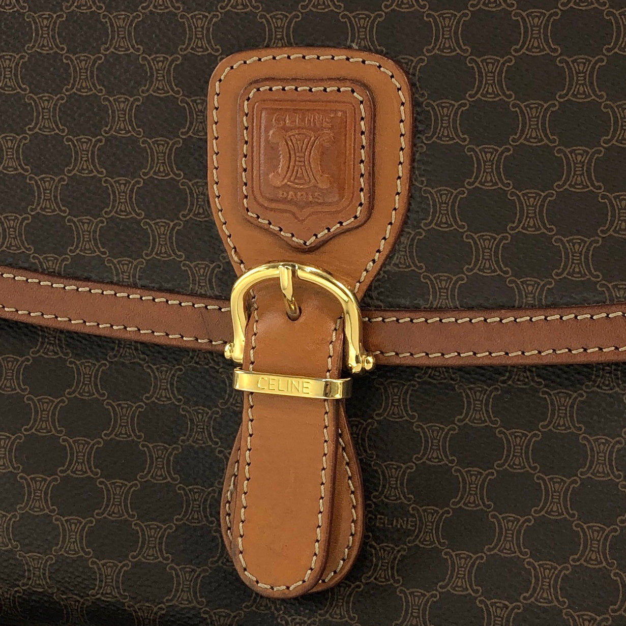 CELINE Macadam Blason Front Buckle Shoulder bag Brown Vintage cju27m