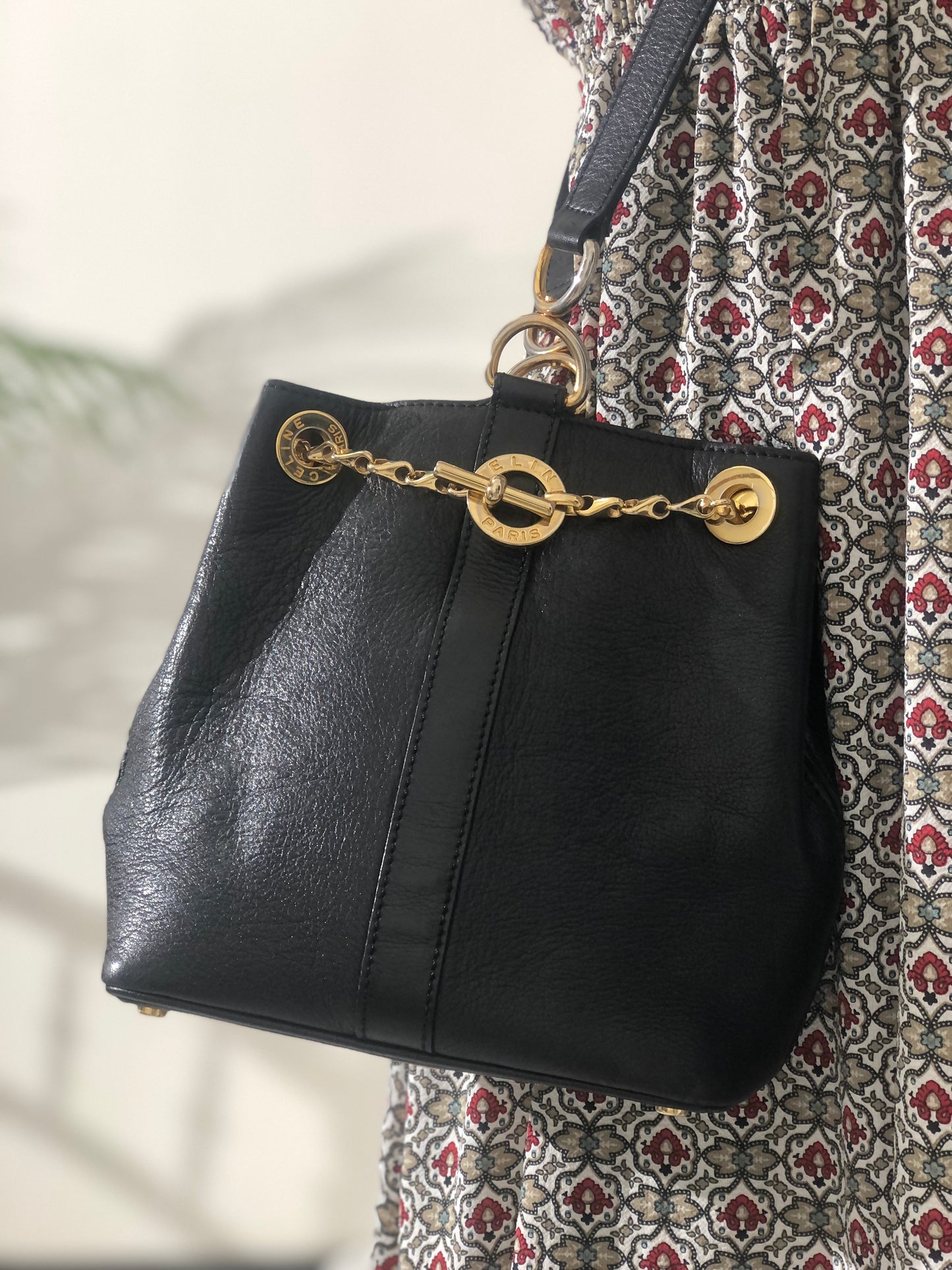 CELINE Toggle Chain Leather Crossbody Shoulder bag Black Vintage s2ztup