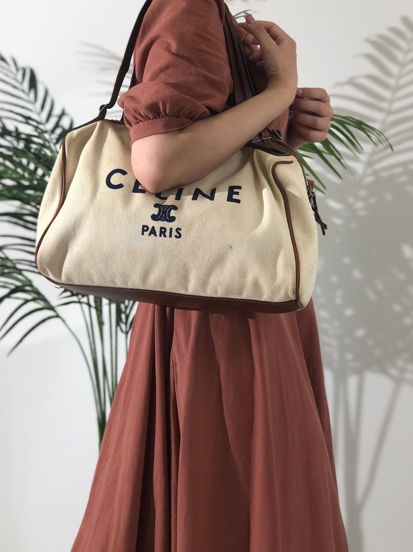 CELINE Logo Canvas Leather Boston bag Handbag Ivory Vintage rxrarg