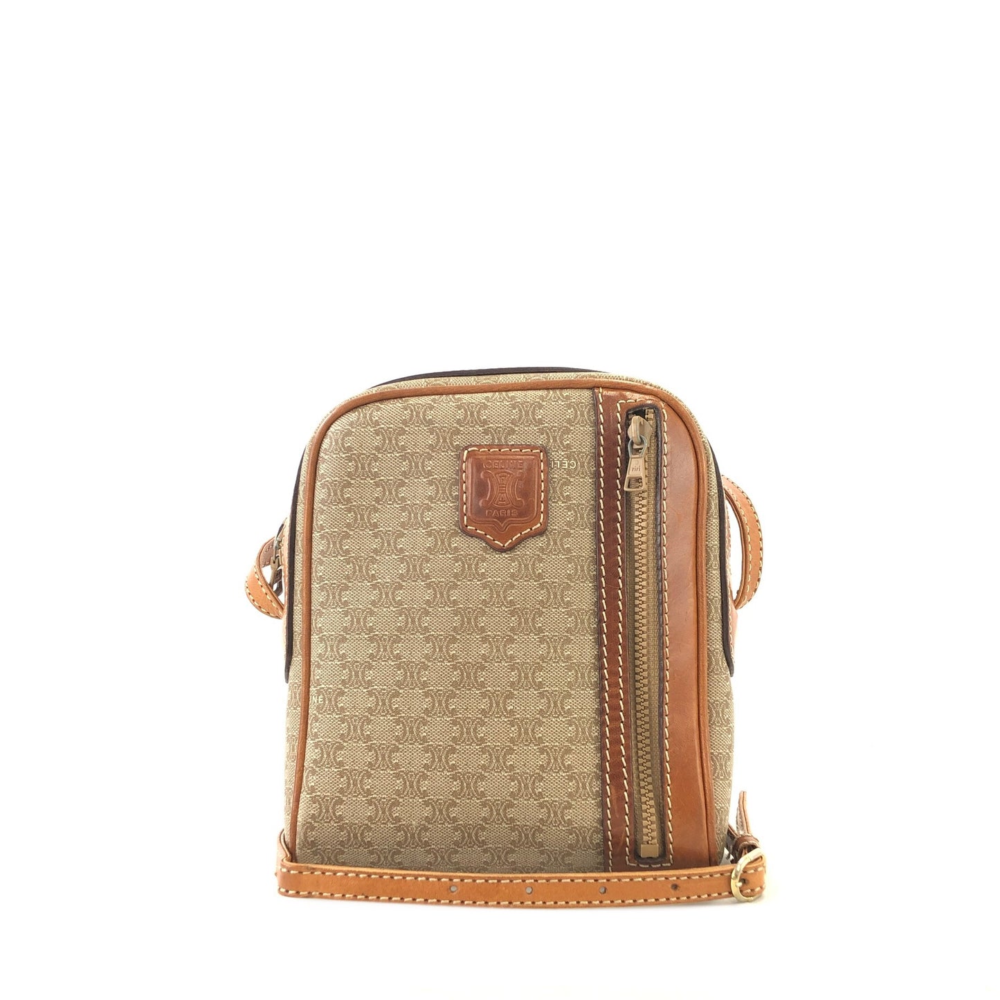 CELINE Macadam Blason Logo Motif Front Zipper Shoulder bag Beige Vintage u8nhjb