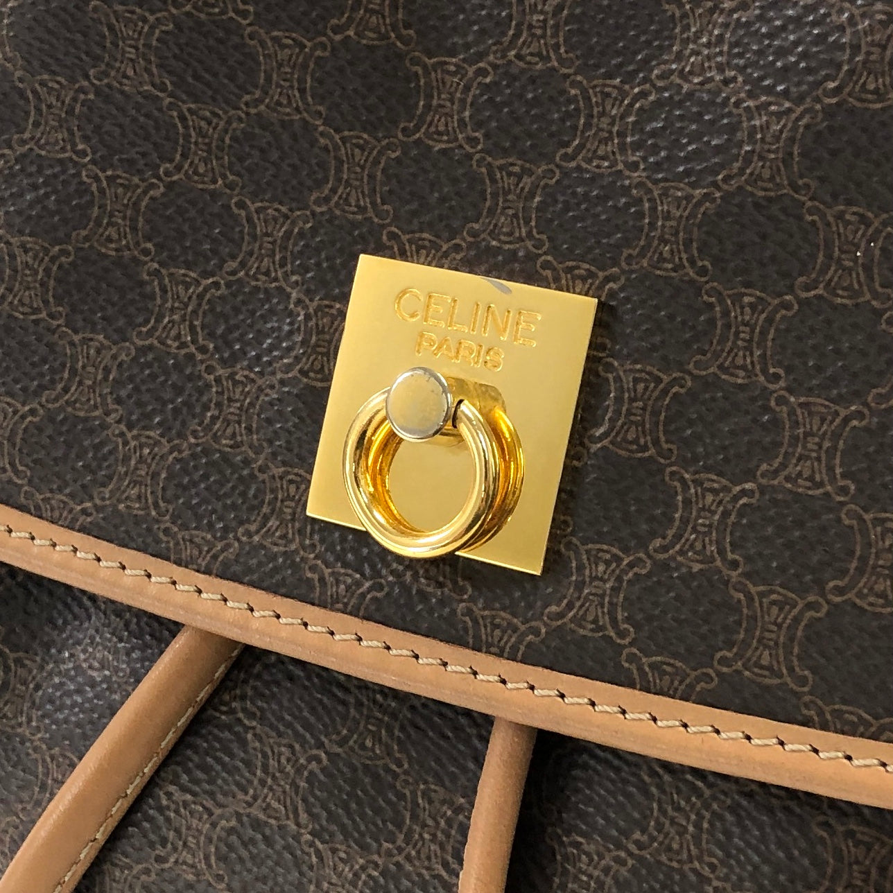 CELINE Macadam Gancini Logo Motif Leather Backpack Brown Vintage hcykdd
